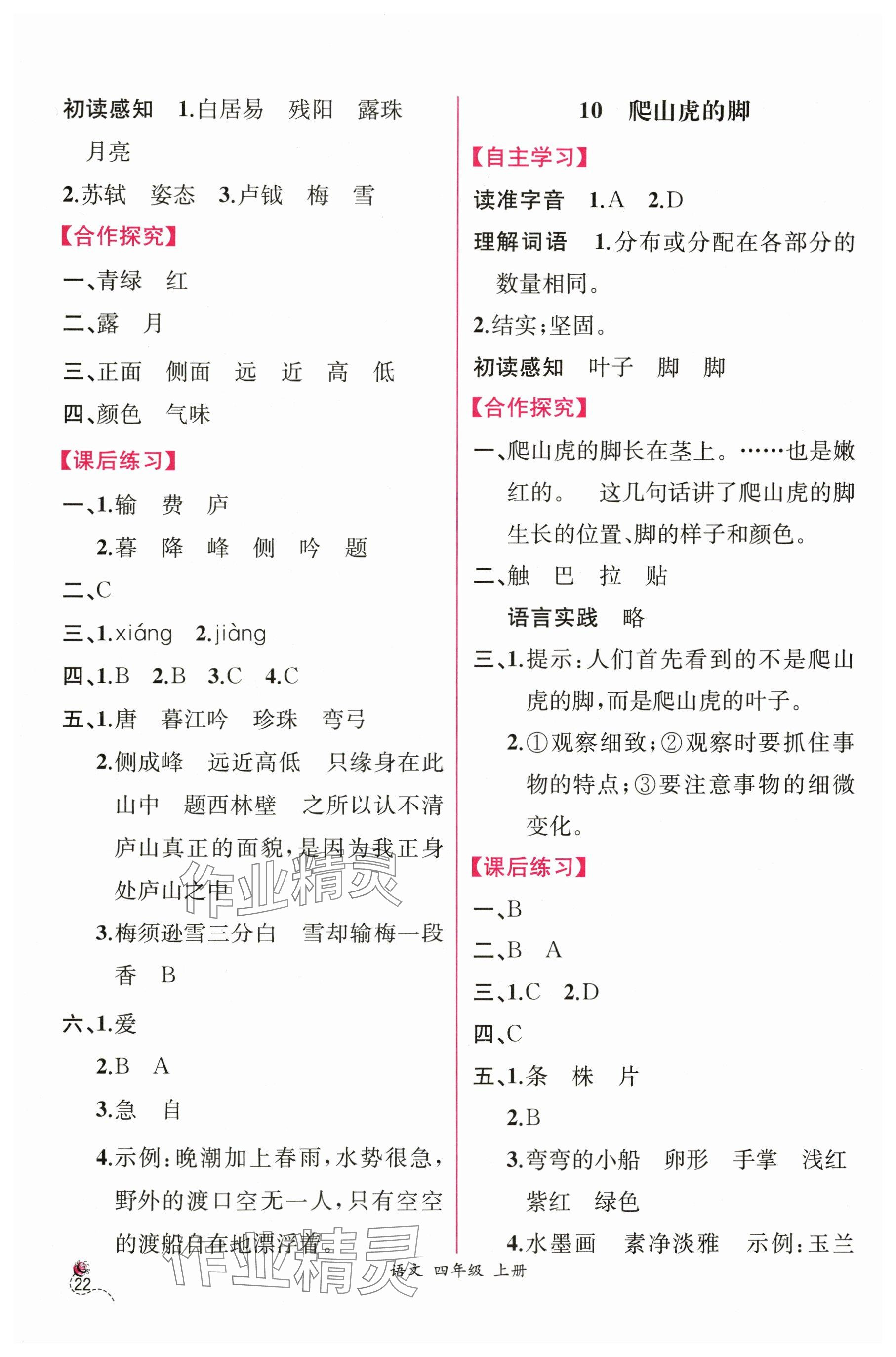 2025年課時練人民教育出版社四年級語文上冊人教版&nbsp;參考答案第6頁
