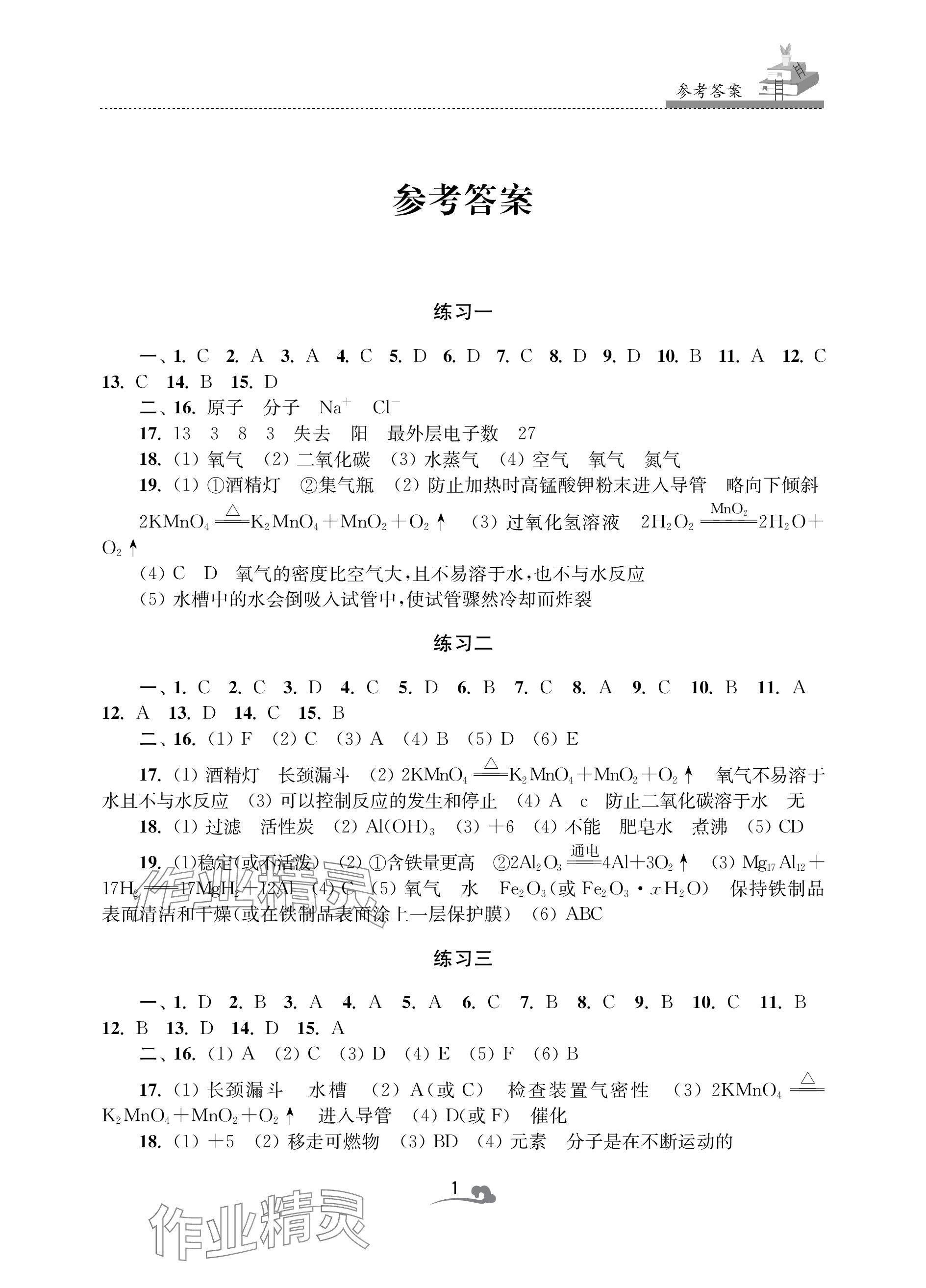 2024年快乐寒假学习生活九年级化学 参考答案第1页