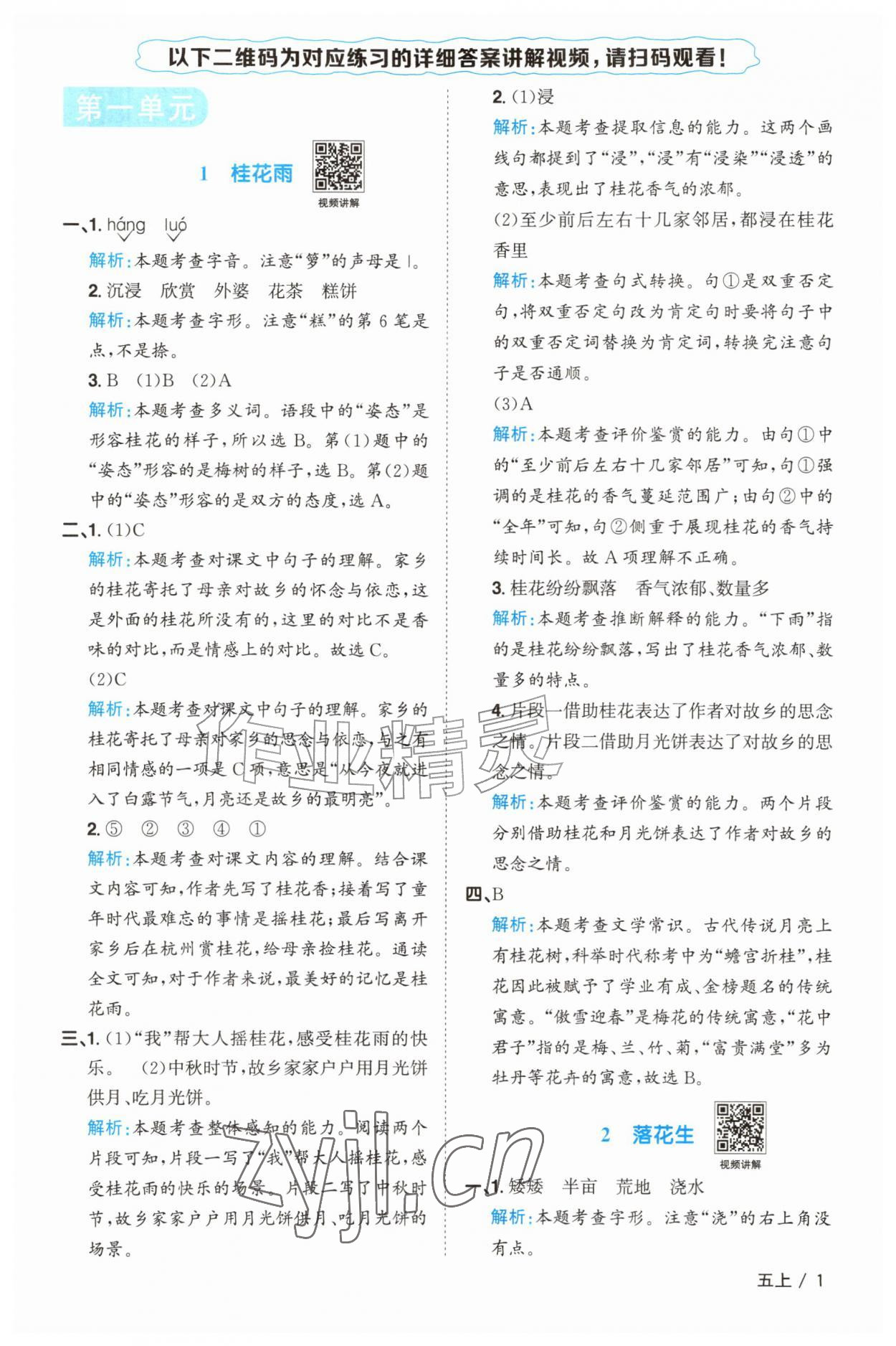 2026年阳光同学课时优化作业五年级语文上册人教版江苏专版&nbsp;参考答案第1页