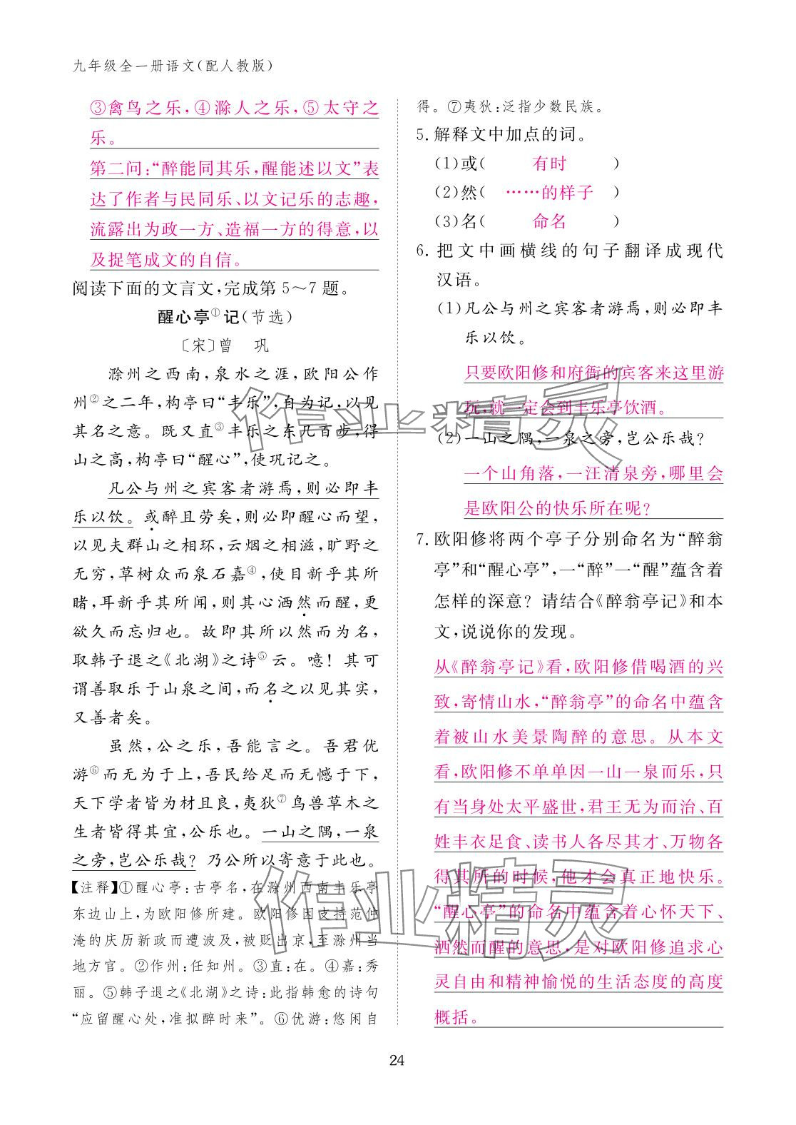 2025年作业本江西教育出版社九年级语文全一册人教版 参考答案第24页