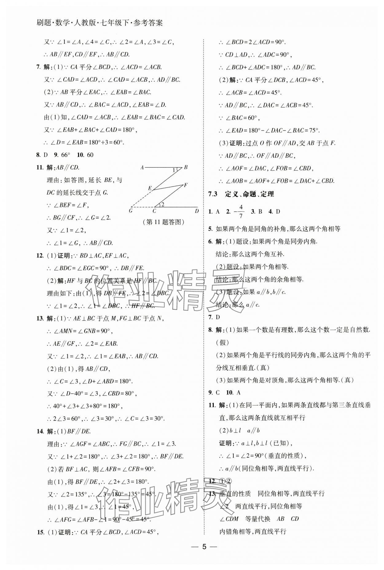 2025年北大绿卡刷题七年级数学下册人教版 参考答案第5页