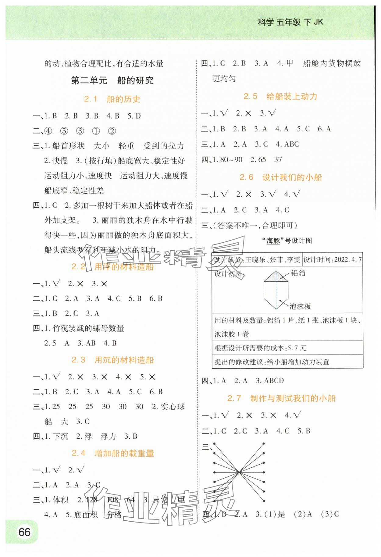 2024年黃岡同步練一日一練五年級科學(xué)下冊教科版 參考答案第2頁