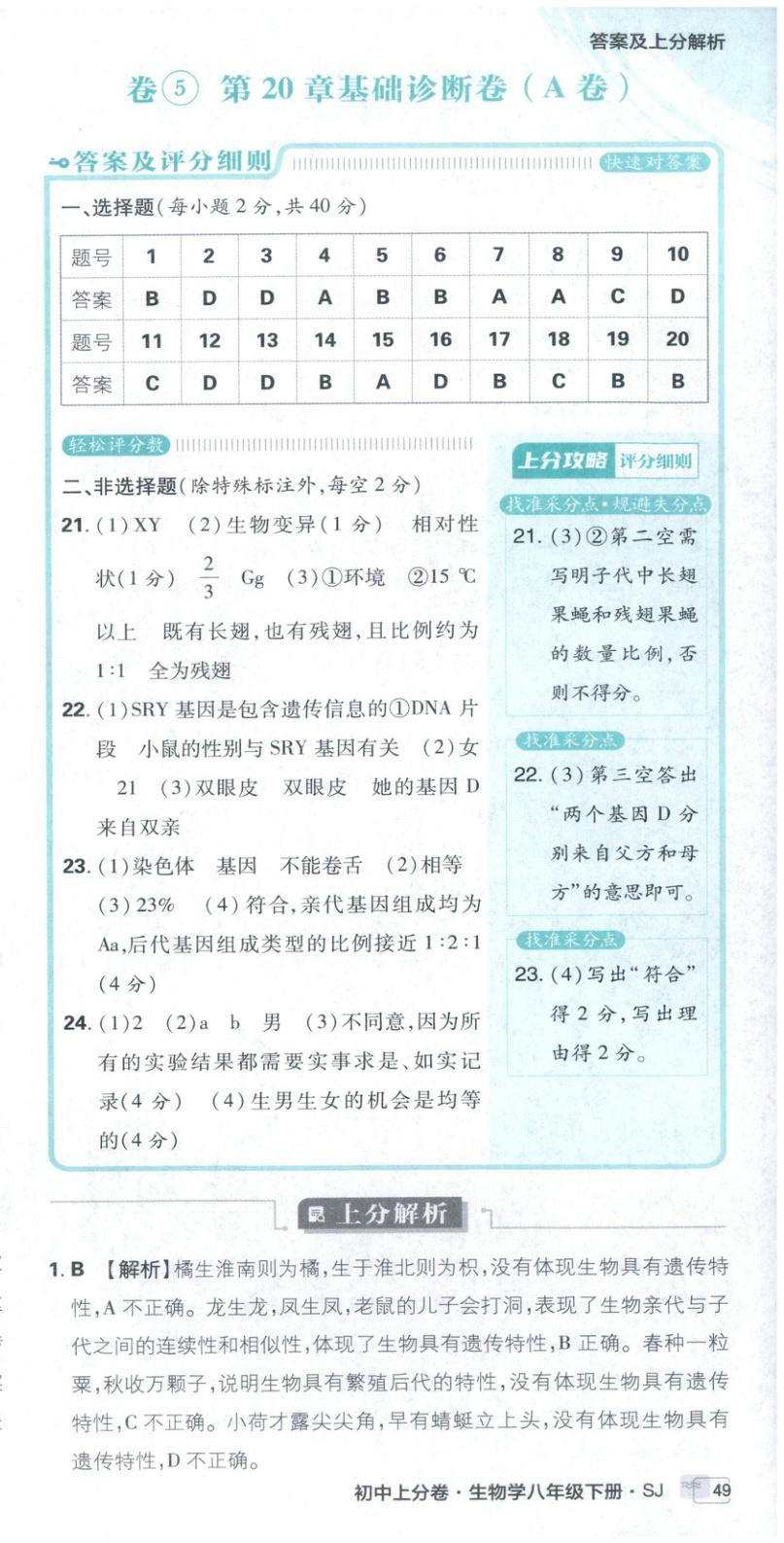 2026年初中上分卷单元诊断自查八年级生物下册苏教版&nbsp;第21页