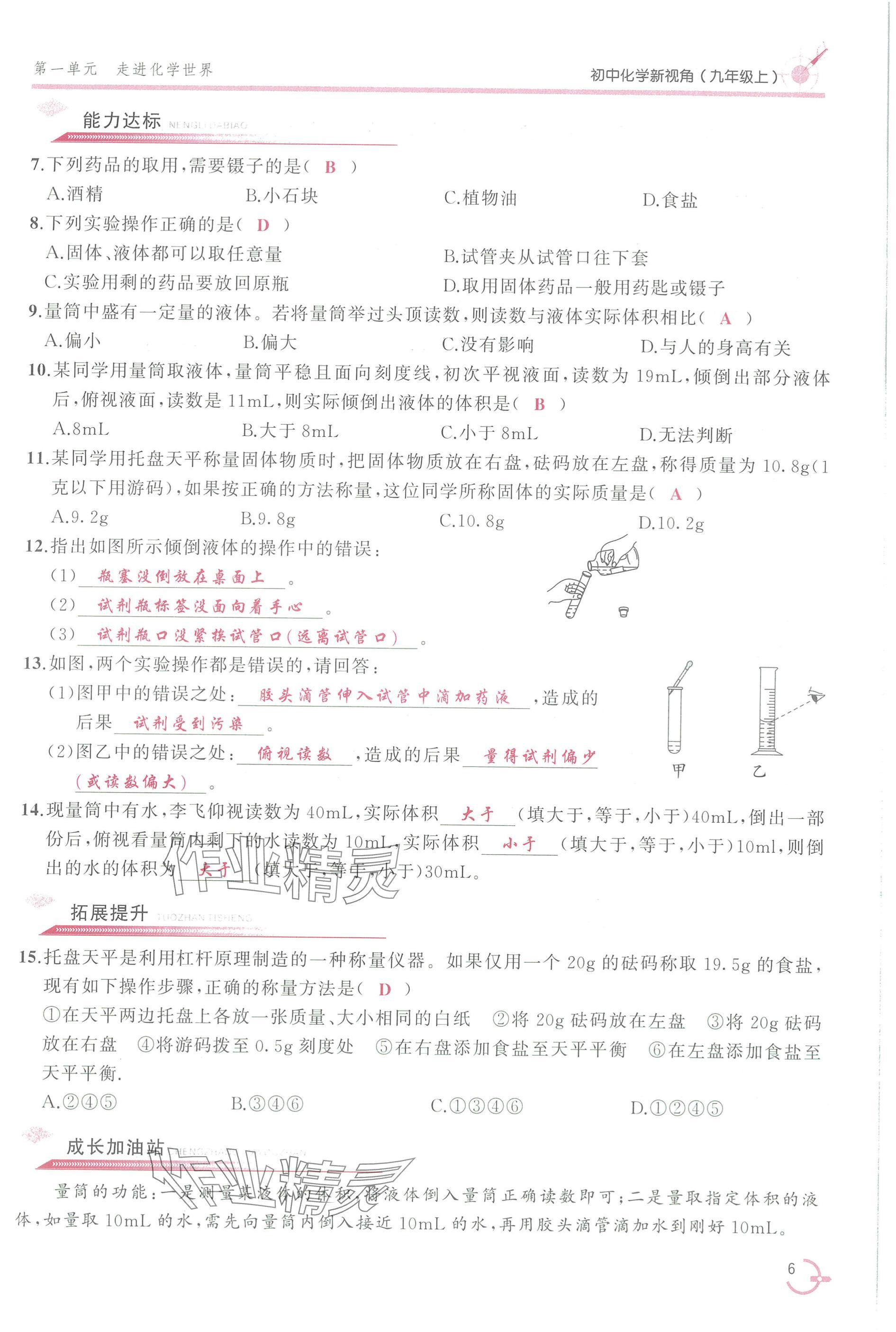 2025年新视角教辅系列丛书九年级化学上册人教版 参考答案第6页