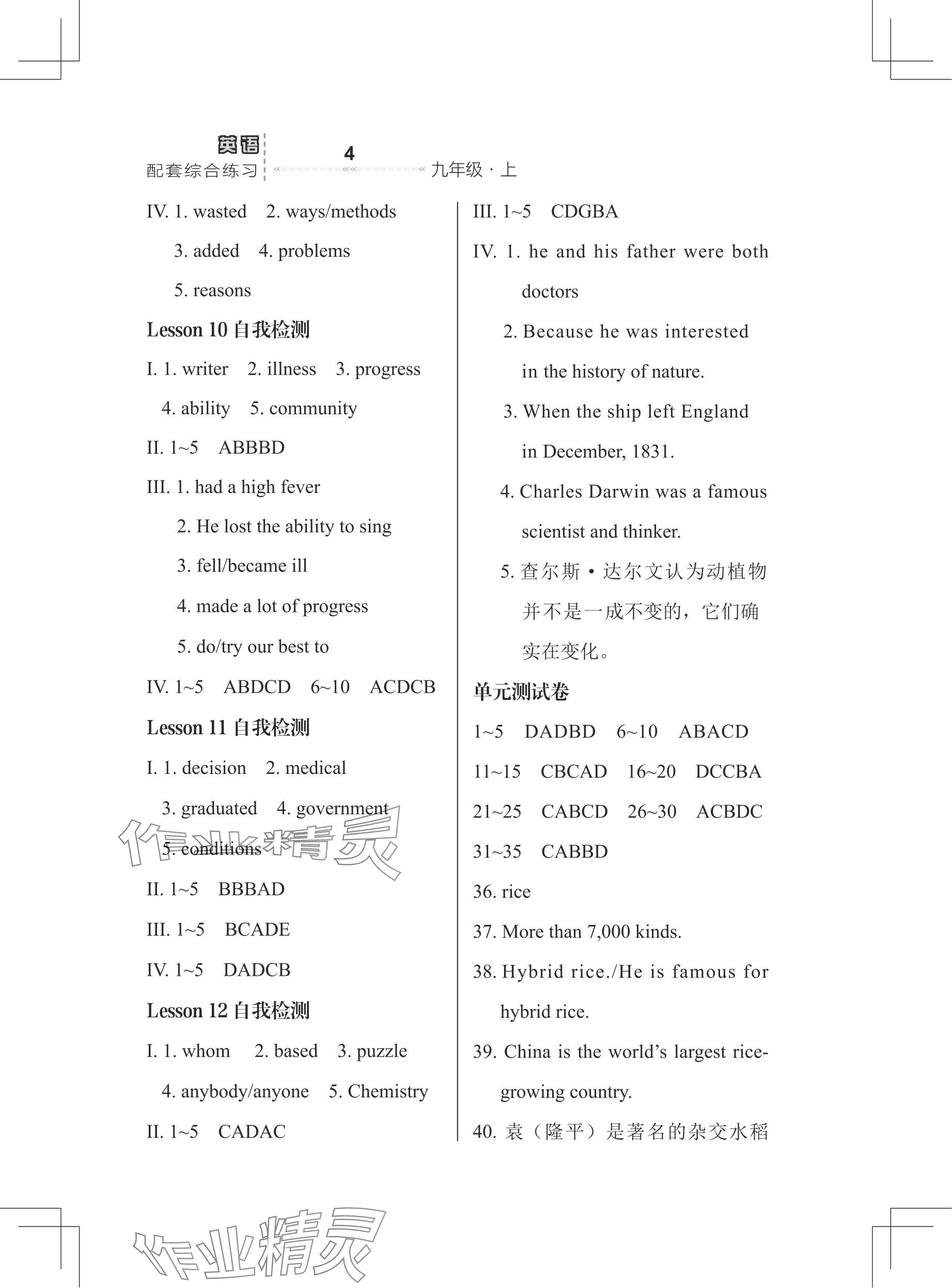 2025年配套综合练习甘肃九年级英语上册冀教版 参考答案第4页