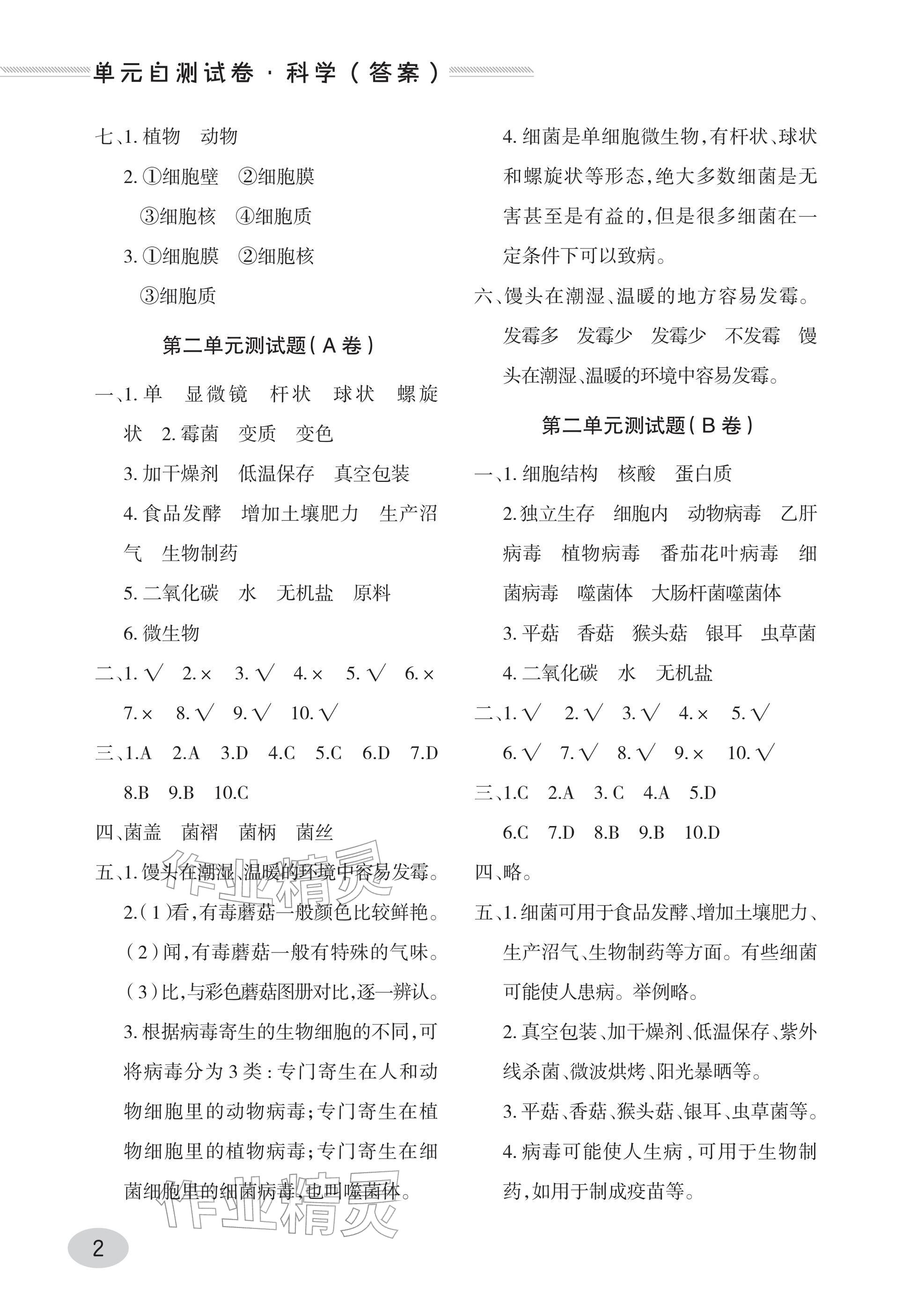 2025年单元自测试卷青岛出版社六年级科学上册青岛版 参考答案第2页