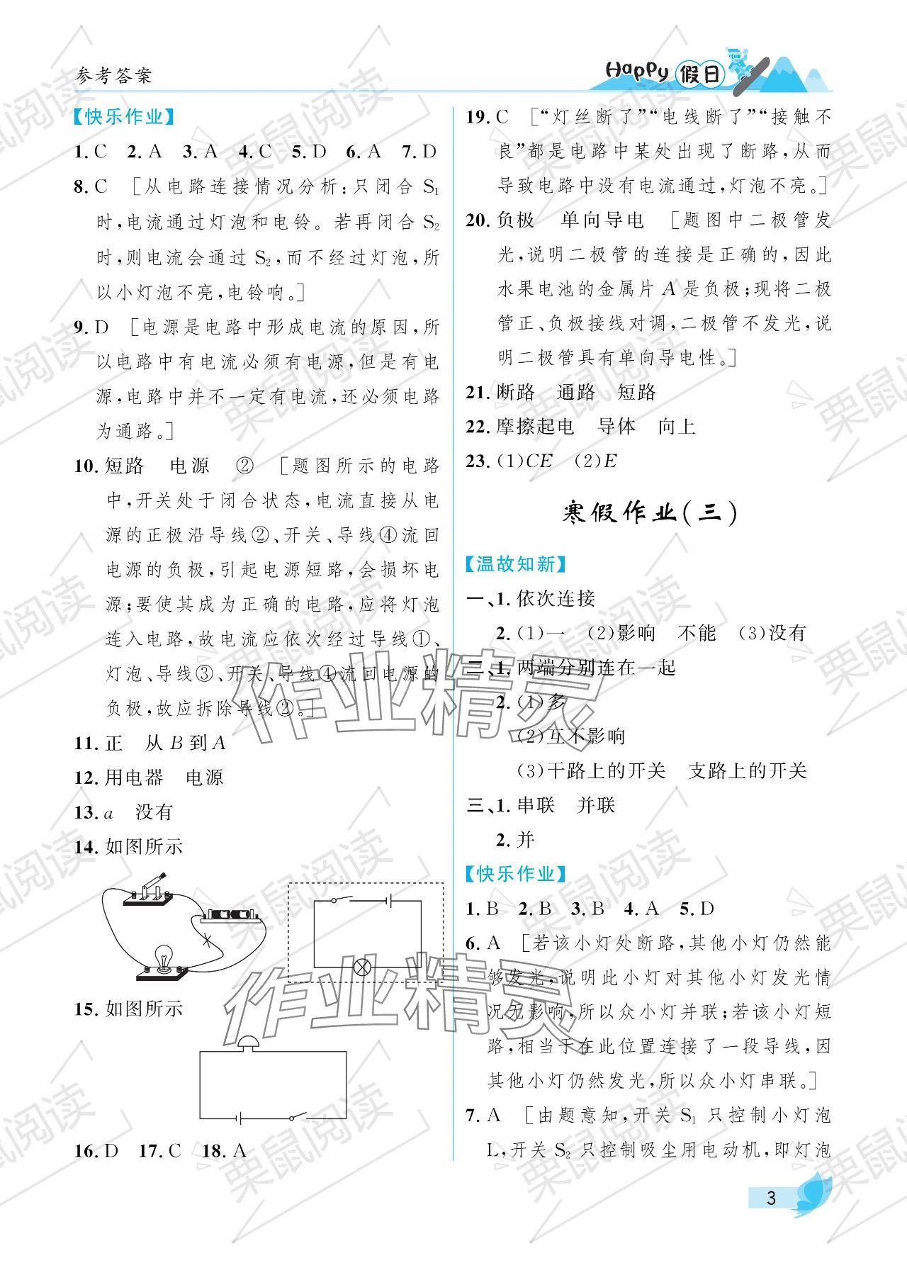 2024年寒假Happy假日九年级物理鲁科版五四制 参考答案第3页