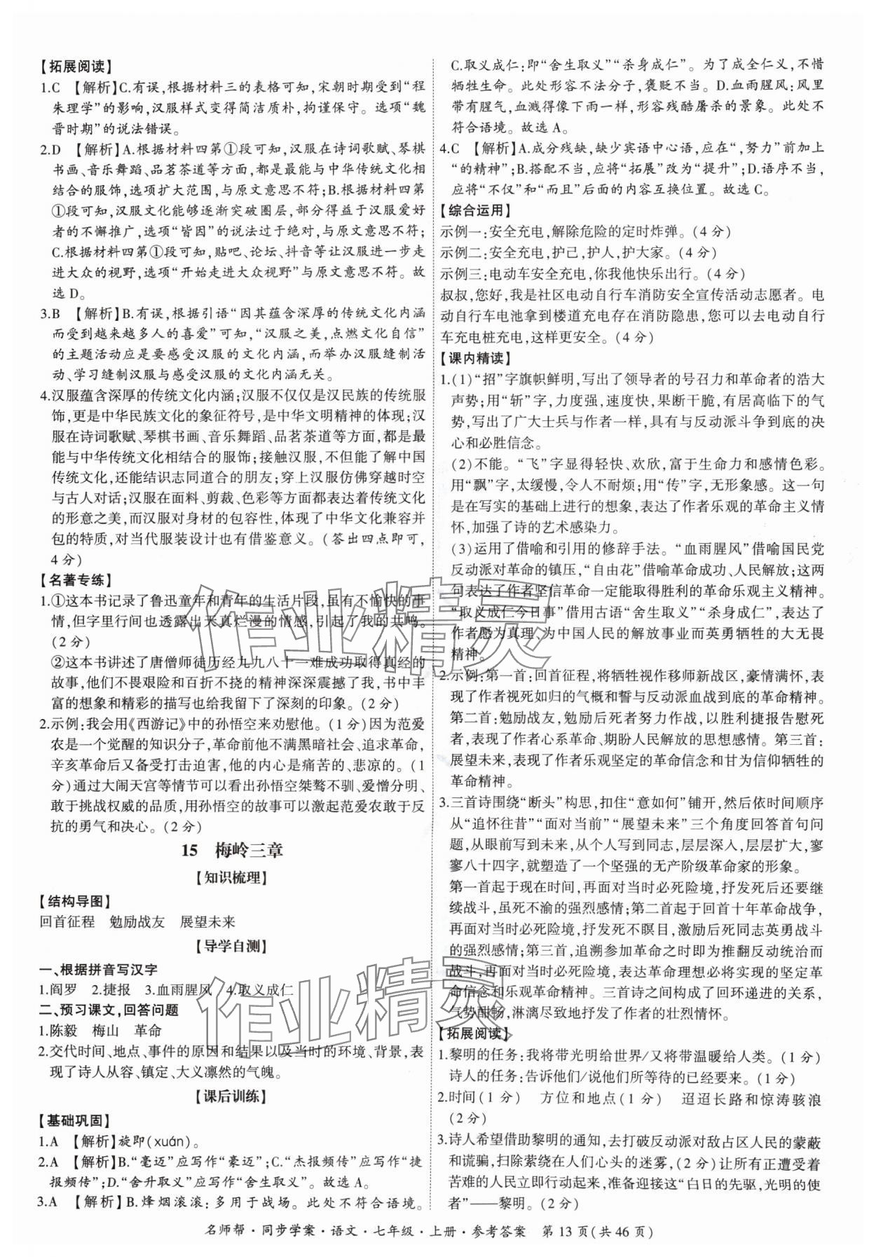 2024年名師幫同步學(xué)案七年級(jí)語(yǔ)文上冊(cè)人教版 參考答案第13頁(yè)