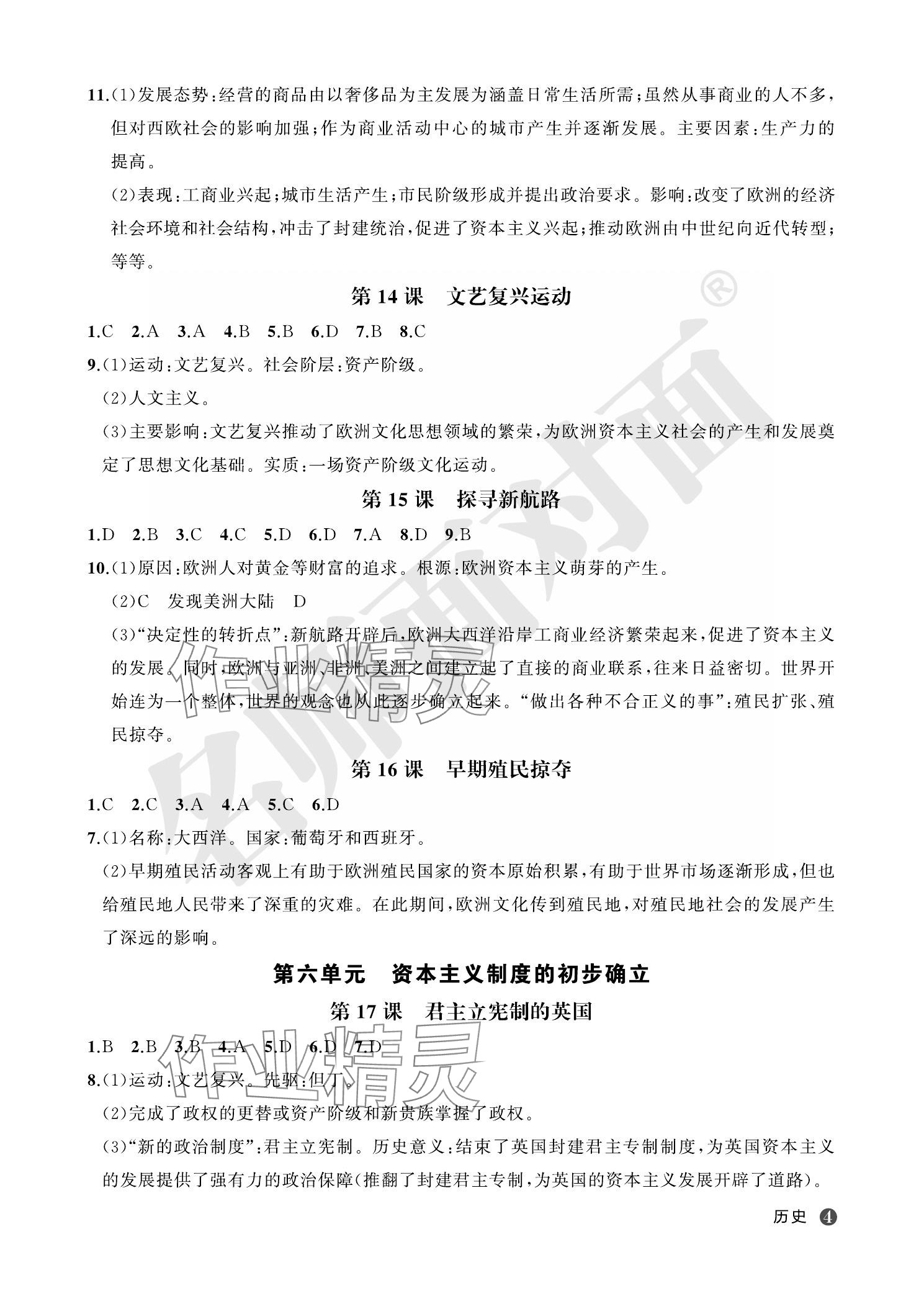 2023年名師面對面學科素養評價九年級歷史全一冊人教版 參考答案第4頁