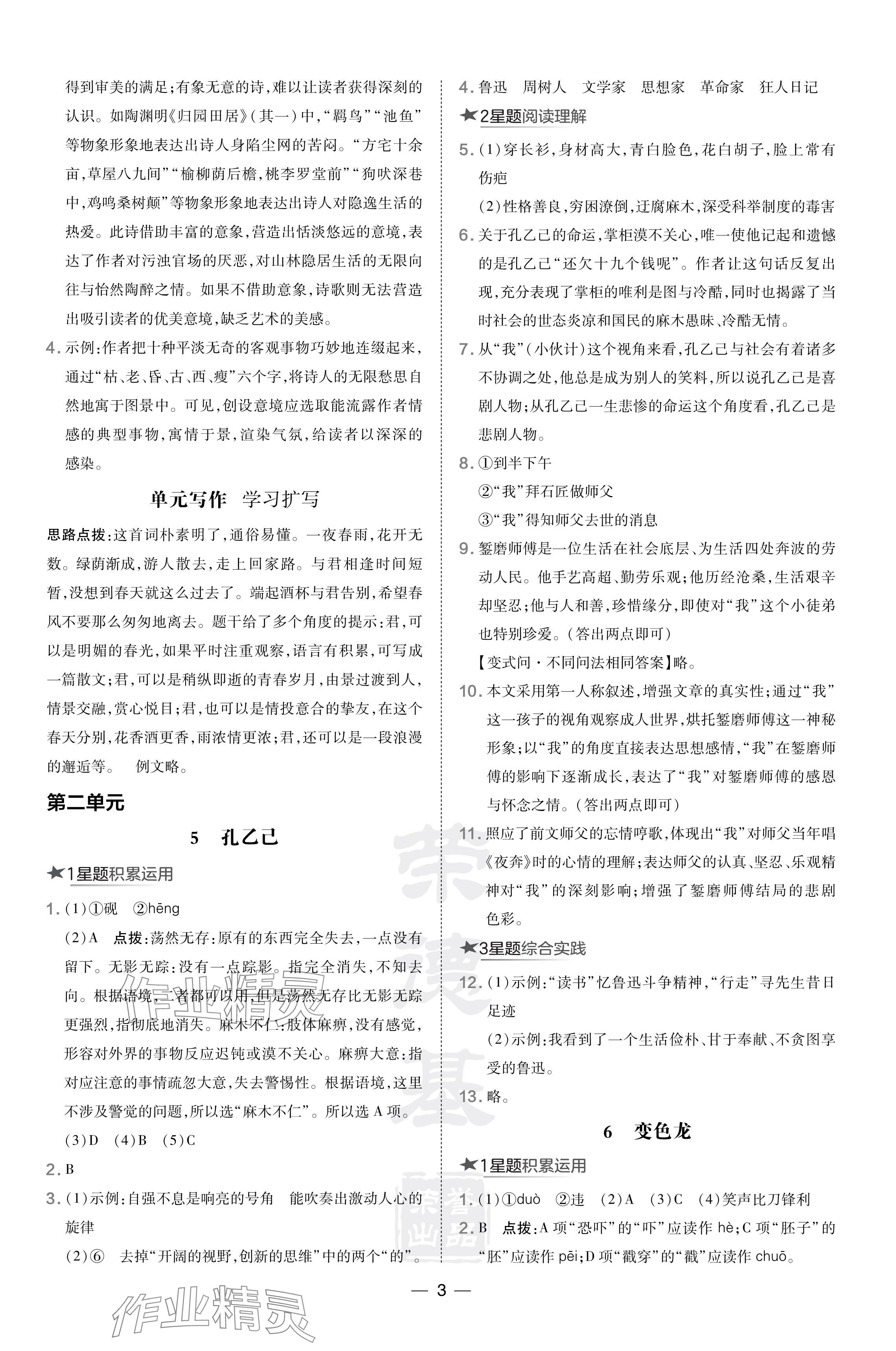 2024年點撥訓練九年級語文下冊人教版吉林專版 參考答案第3頁