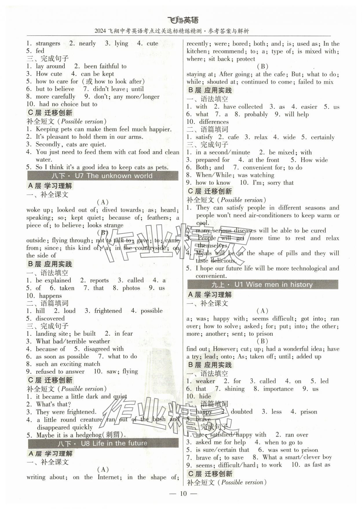 2024年飞翔英语中考广州专版&nbsp;参考答案第10页