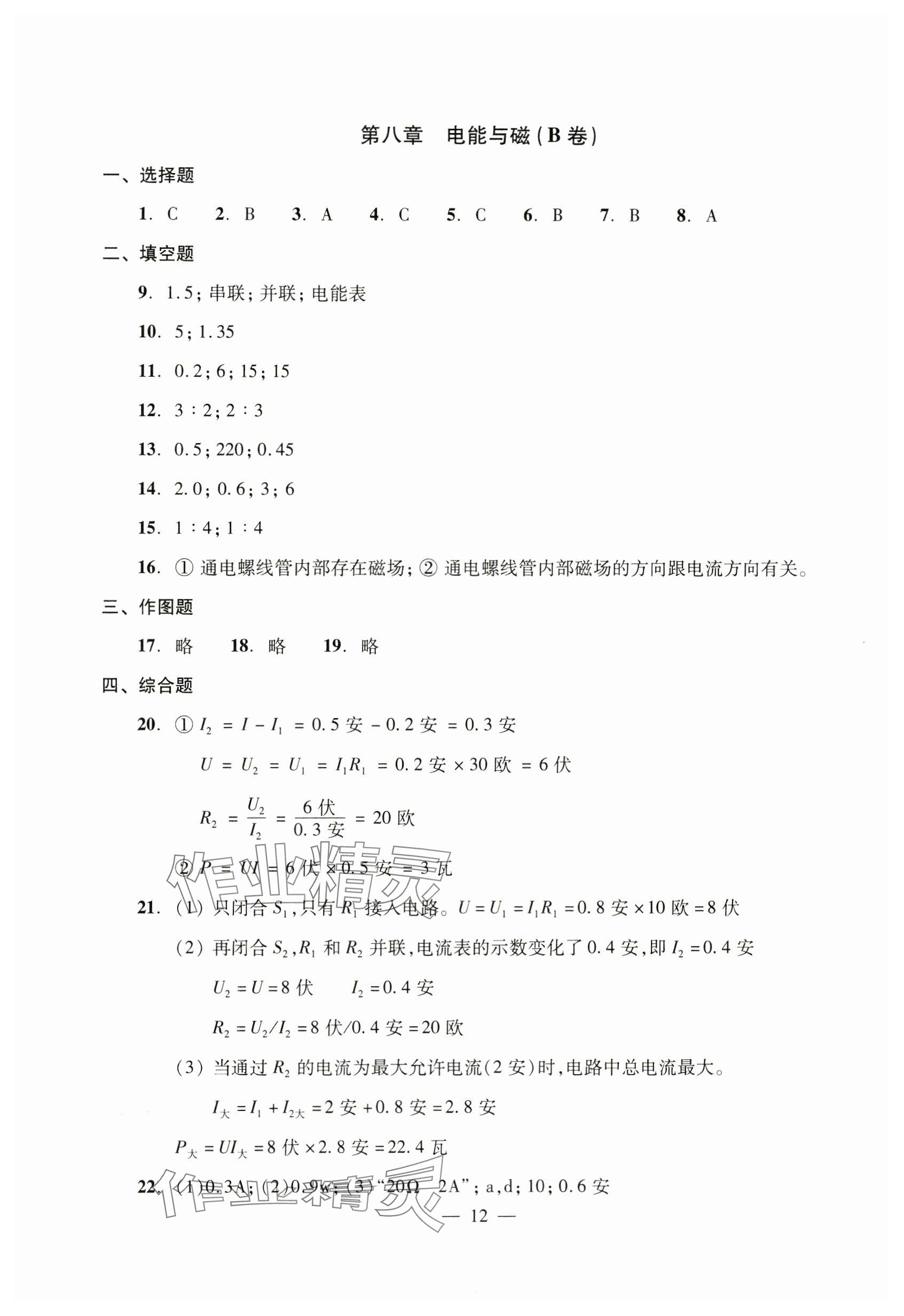 2023年双基过关堂堂练九年级物理全一册沪教版五四制 参考答案第12页