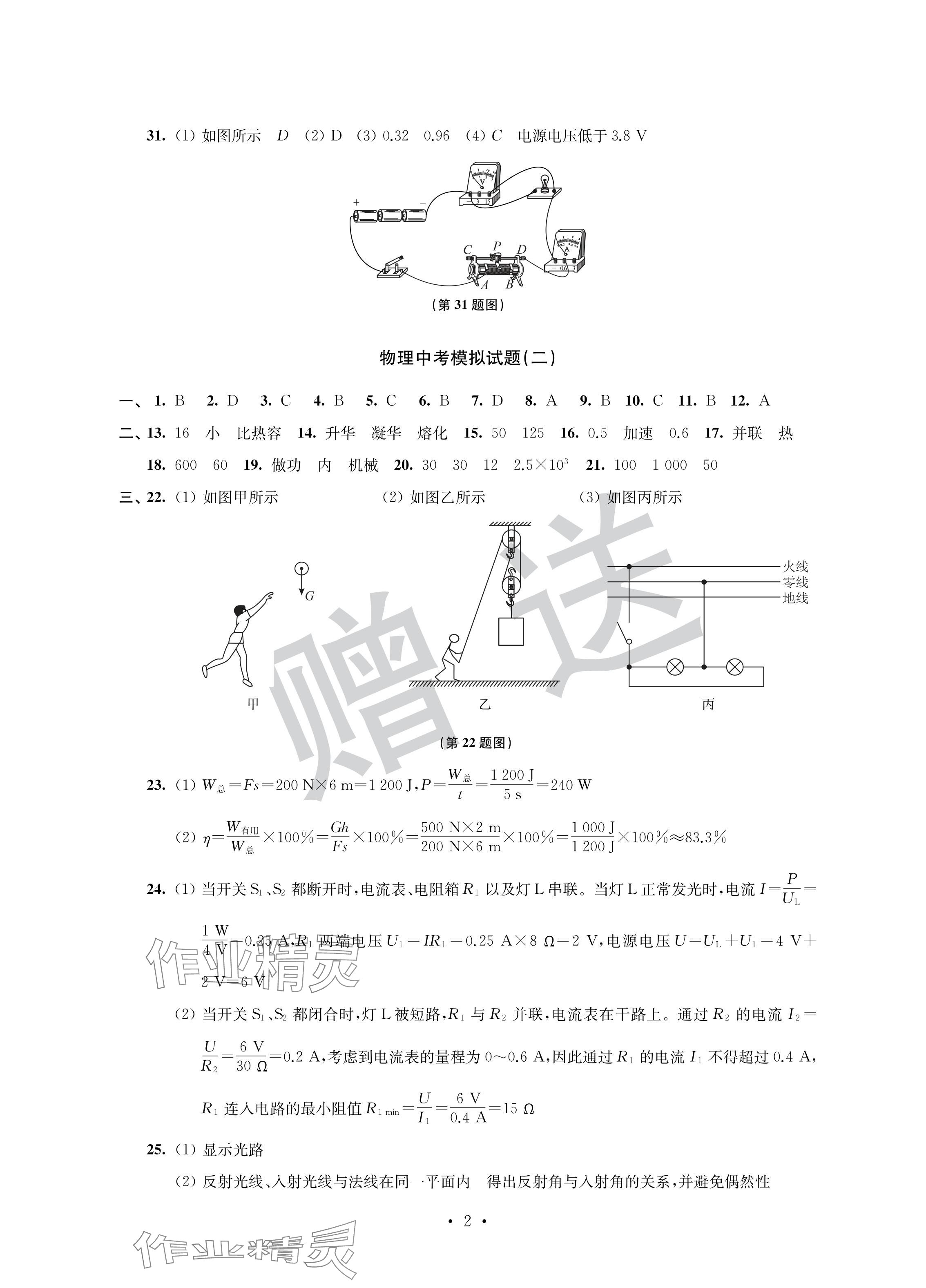 2024年取勝通關中考模擬卷能力提升物理 參考答案第2頁