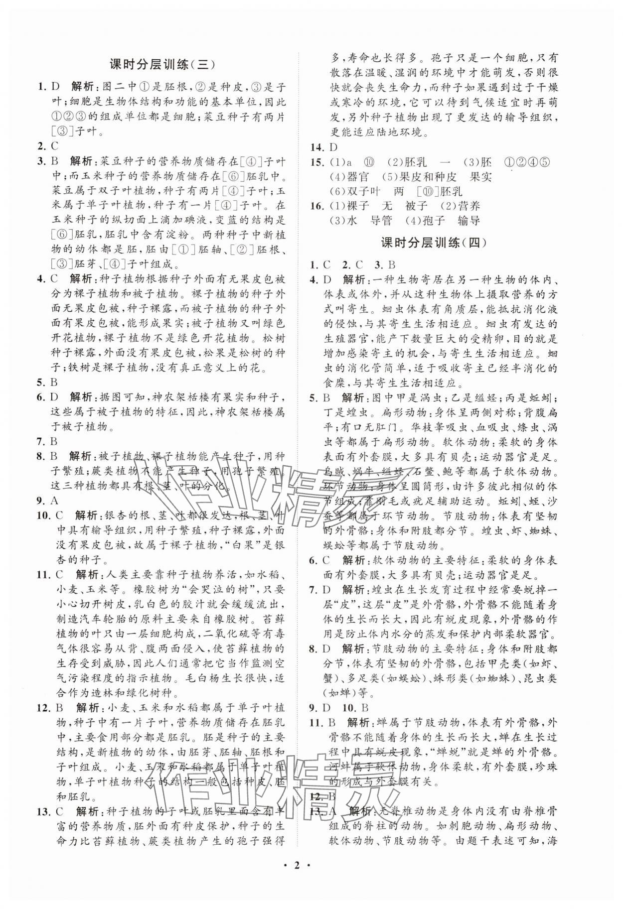2025年同步練習(xí)冊分層卷六年級生物下冊魯科版54制 參考答案第2頁