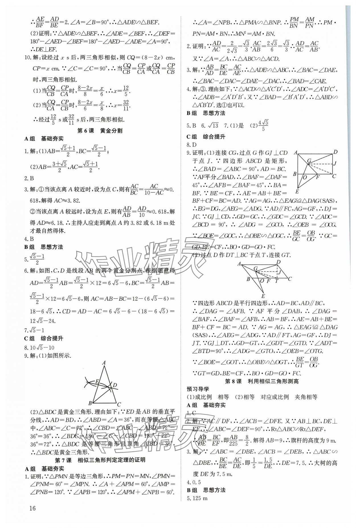 2023年多维导学案九年级数学全一册北师大版 参考答案第16页