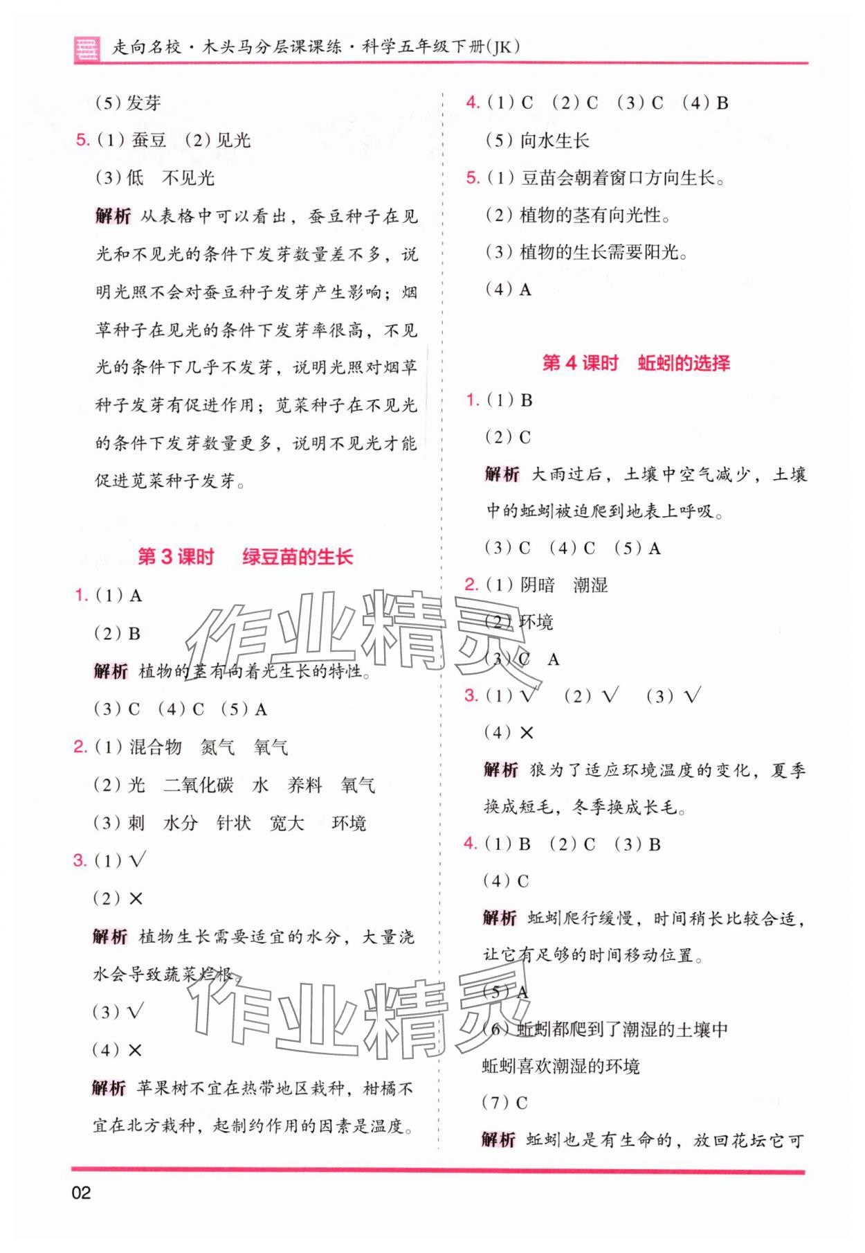 2024年木頭馬分層課課練五年級科學下冊教科版 參考答案第2頁