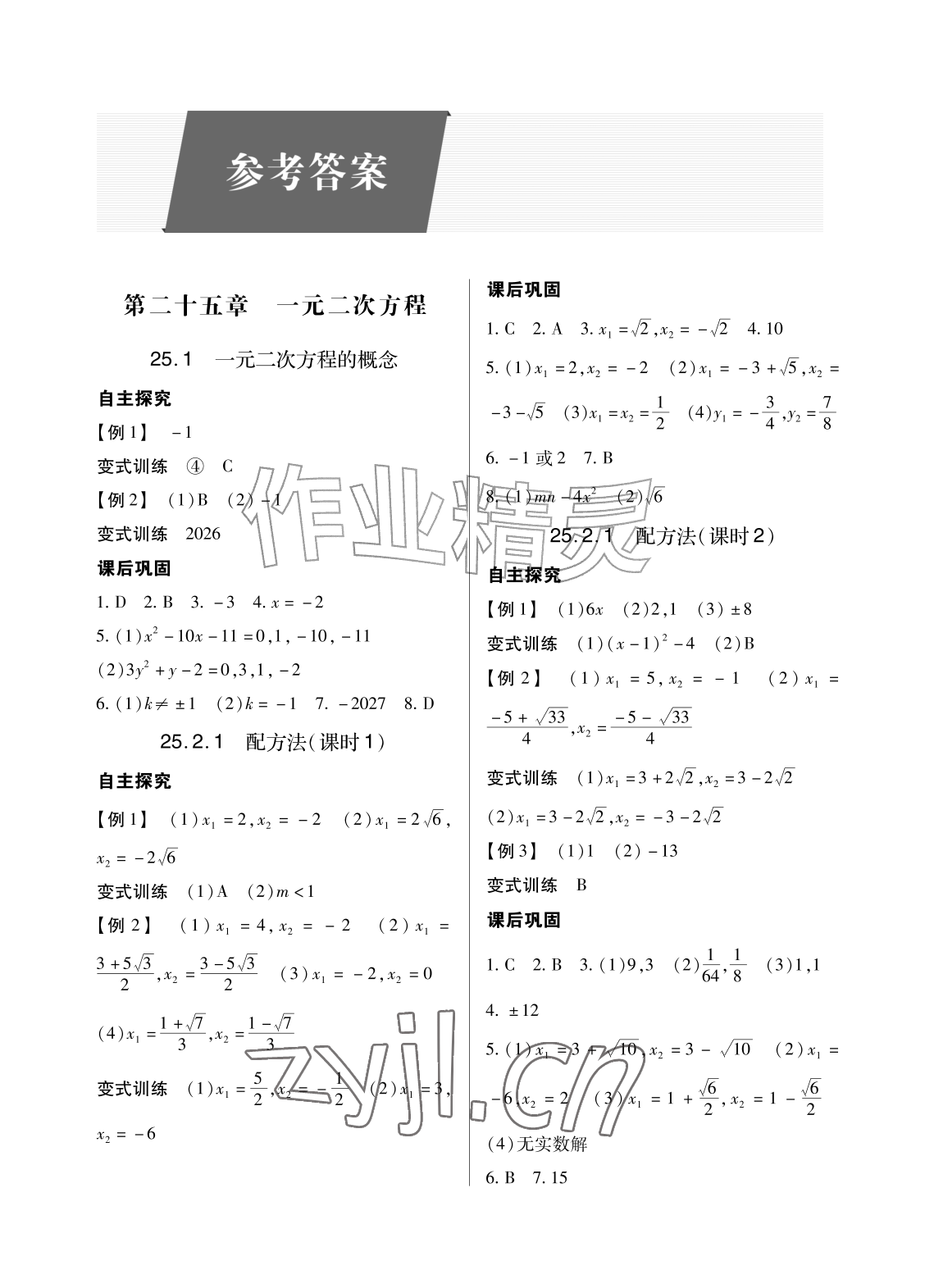 2026年学习指要九年级数学上册人教版&nbsp;参考答案第1页