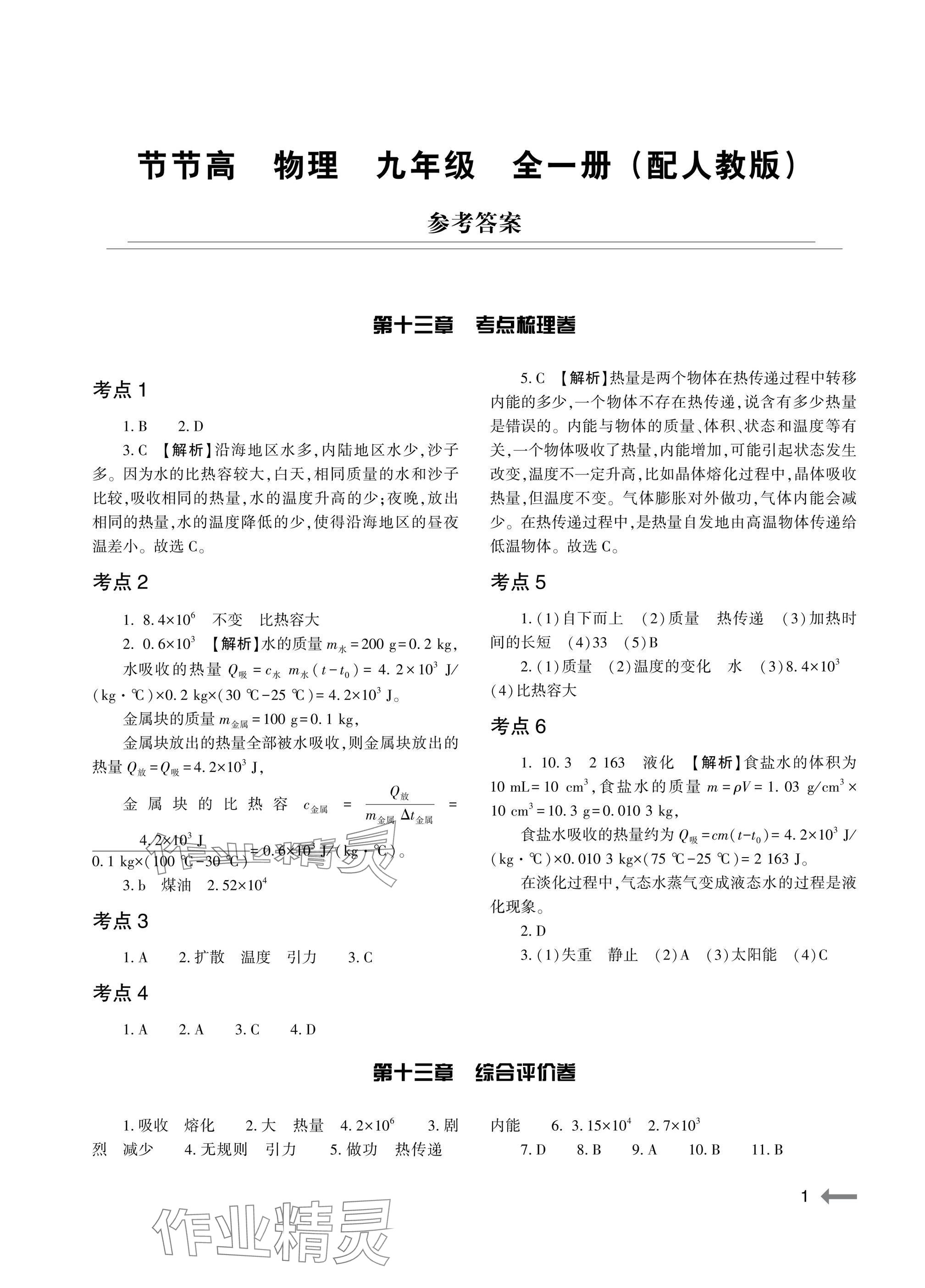 2025年节节高大象出版社九年级物理全一册人教版 参考答案第1页