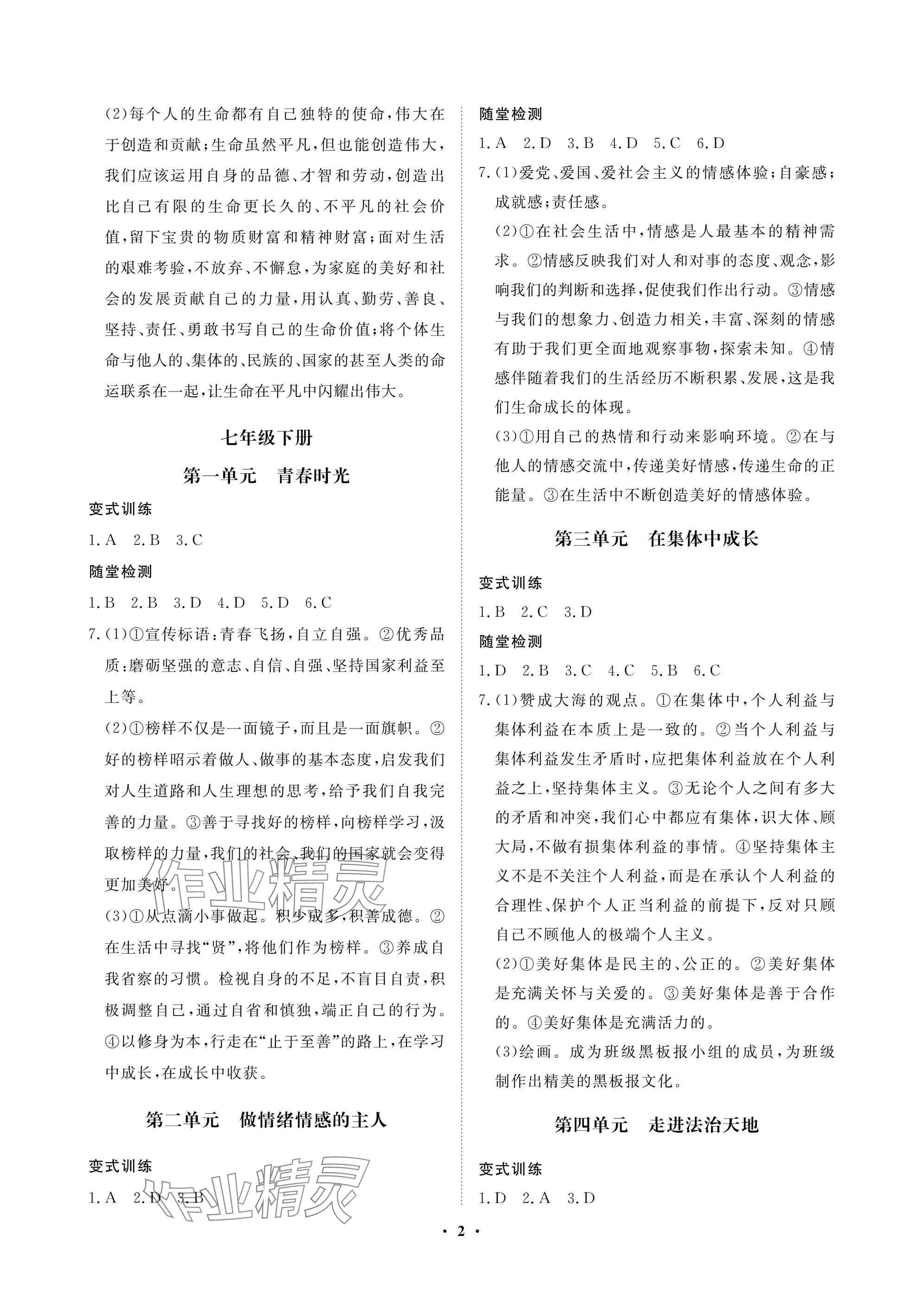 2025年湖北中考初中学业水平考试总复习道德与法治通用版 参考答案第2页