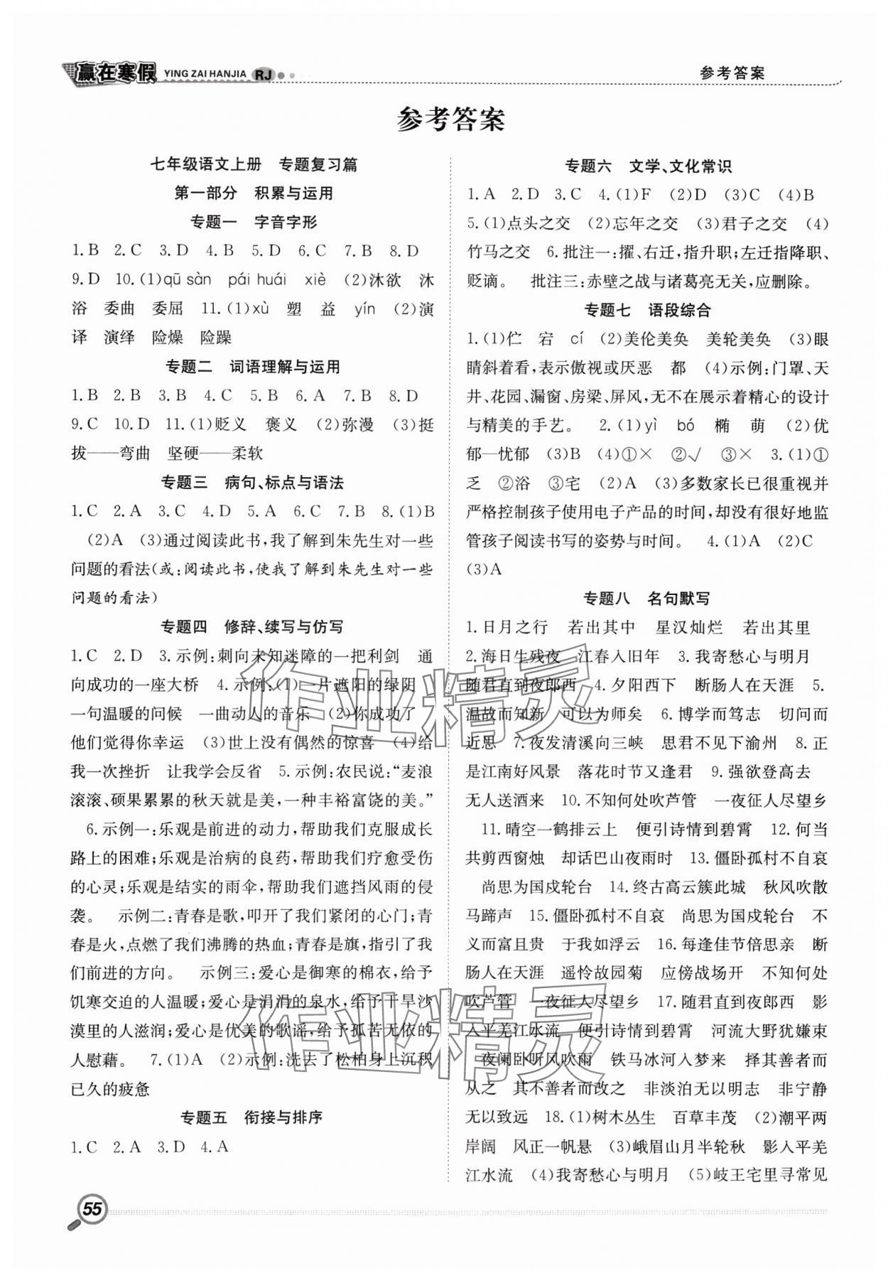 2025年贏在假期銜接教材寒假七年級語文人教版合肥工業(yè)大學(xué)出版社 參考答案第1頁