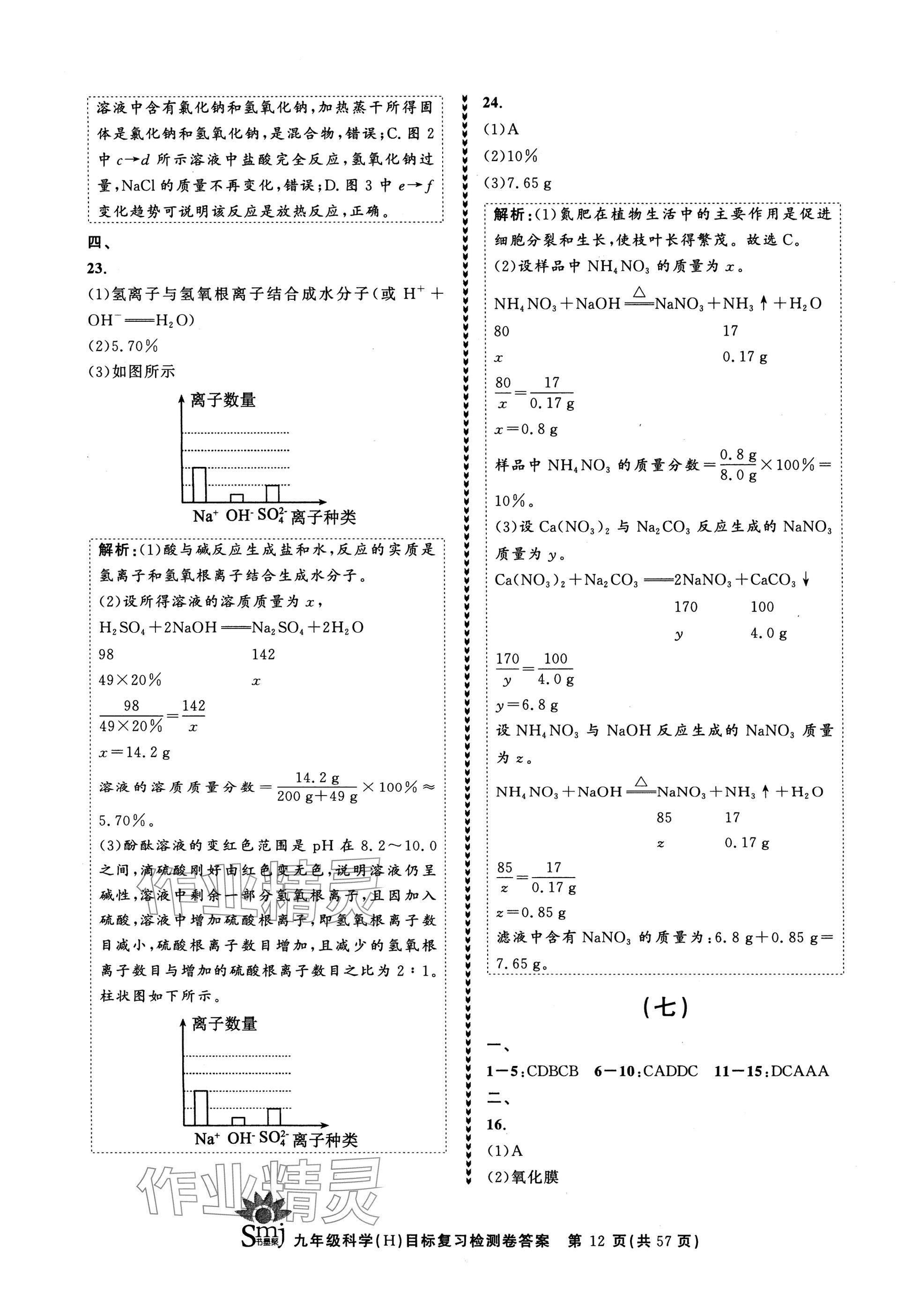 2024年目標(biāo)復(fù)習(xí)檢測卷九年級科學(xué)全一冊華師大版 參考答案第12頁