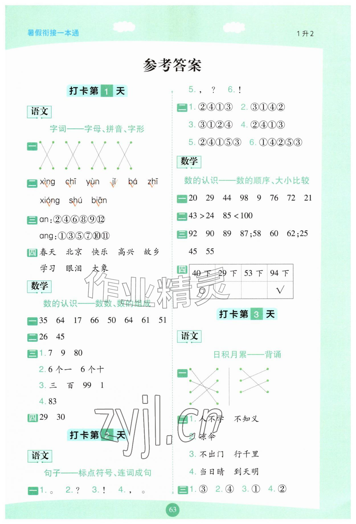 2026年暑假衔接一本通一年级语数合订本&nbsp;第1页