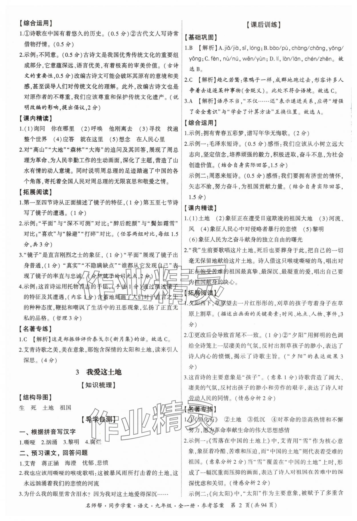 2024年名師幫同步學(xué)案九年級(jí)語(yǔ)文全一冊(cè)人教版 參考答案第2頁(yè)