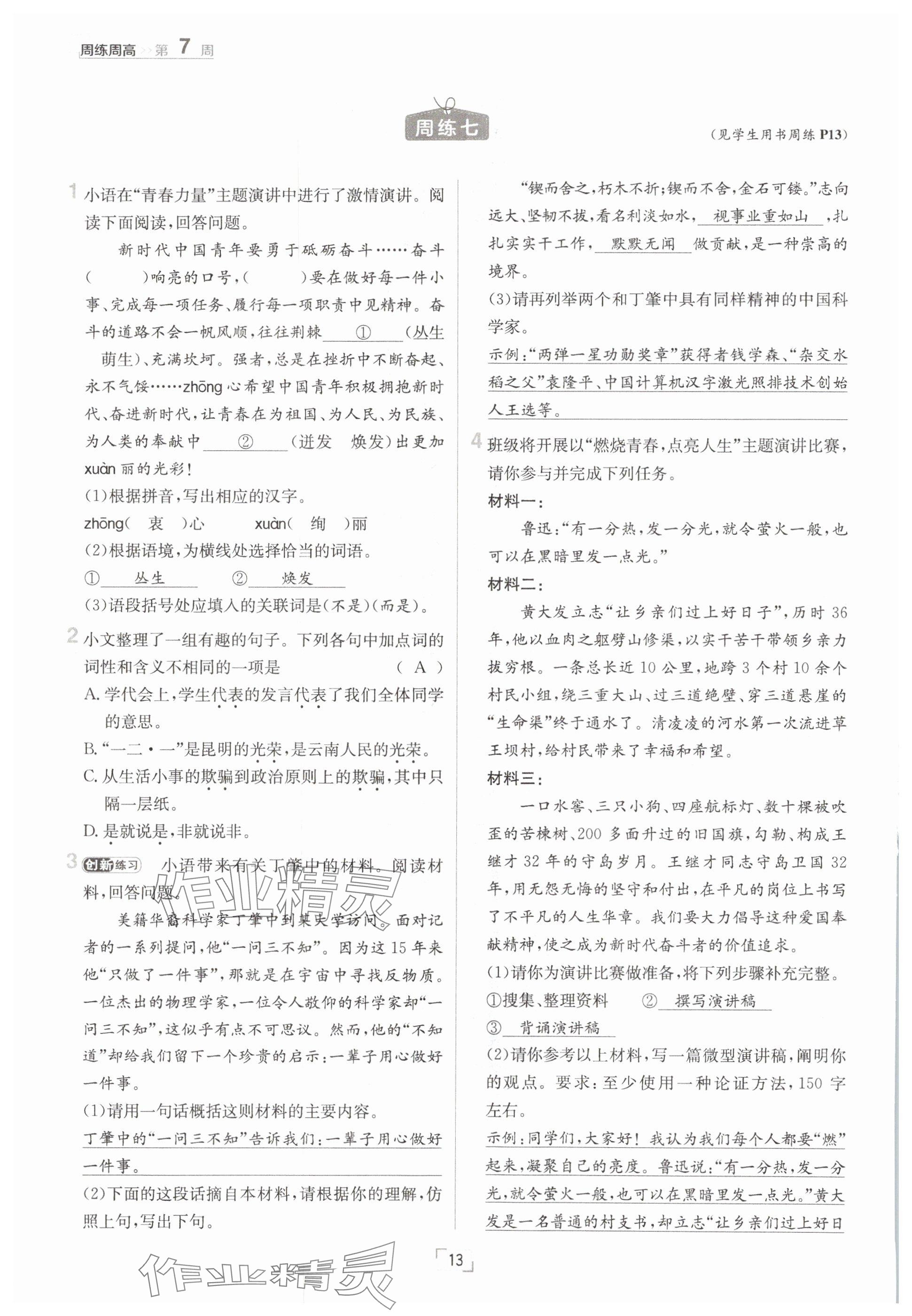2025年日清周練八年級(jí)語(yǔ)文下冊(cè)人教版 參考答案第13頁(yè)