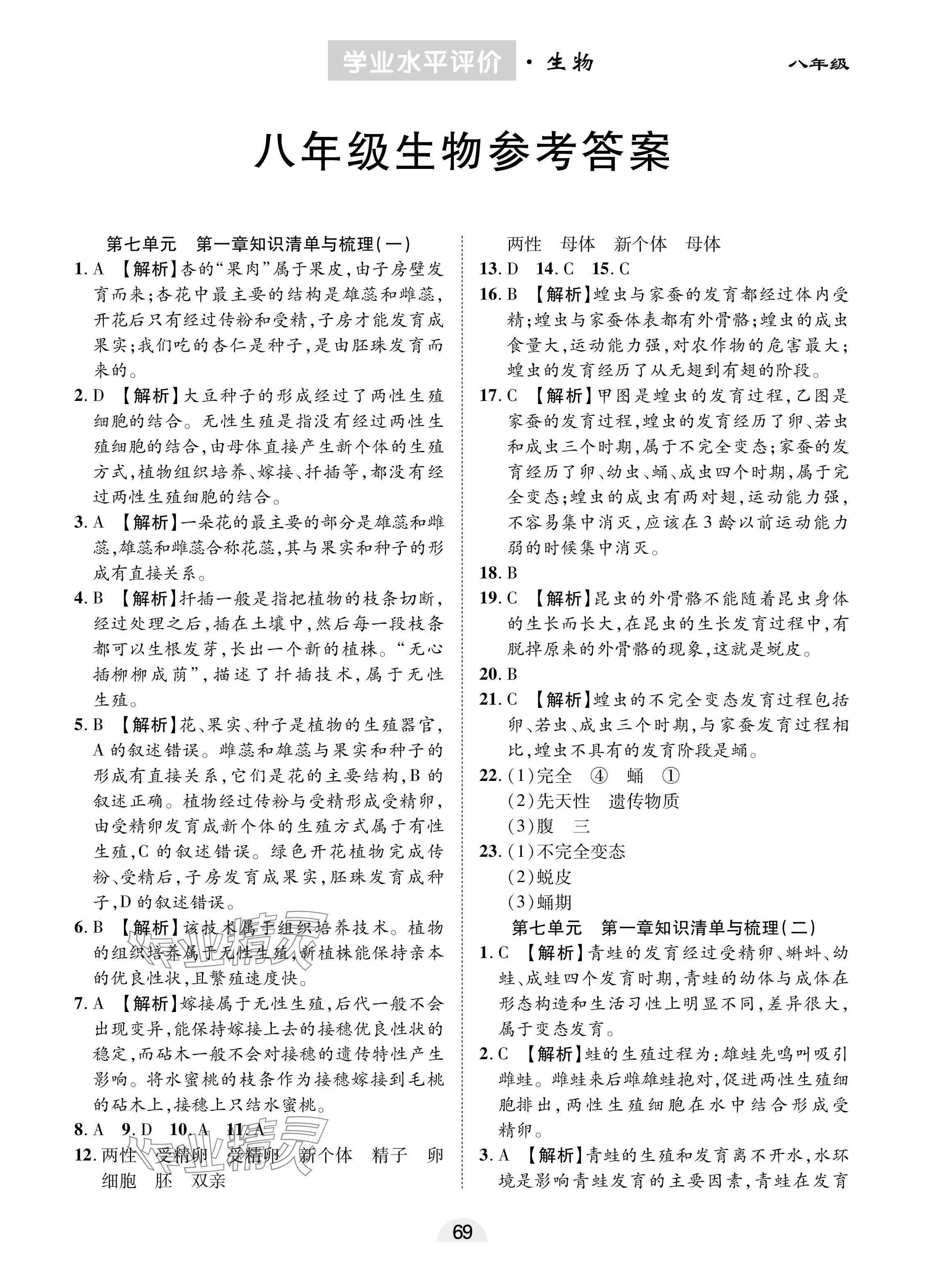 2025年學業(yè)水平評價同步檢測卷八年級生物下冊人教版 參考答案第1頁
