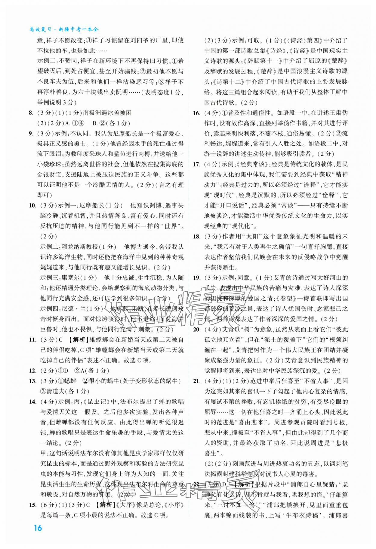 2024年高效復習新疆中考語文 參考答案第16頁