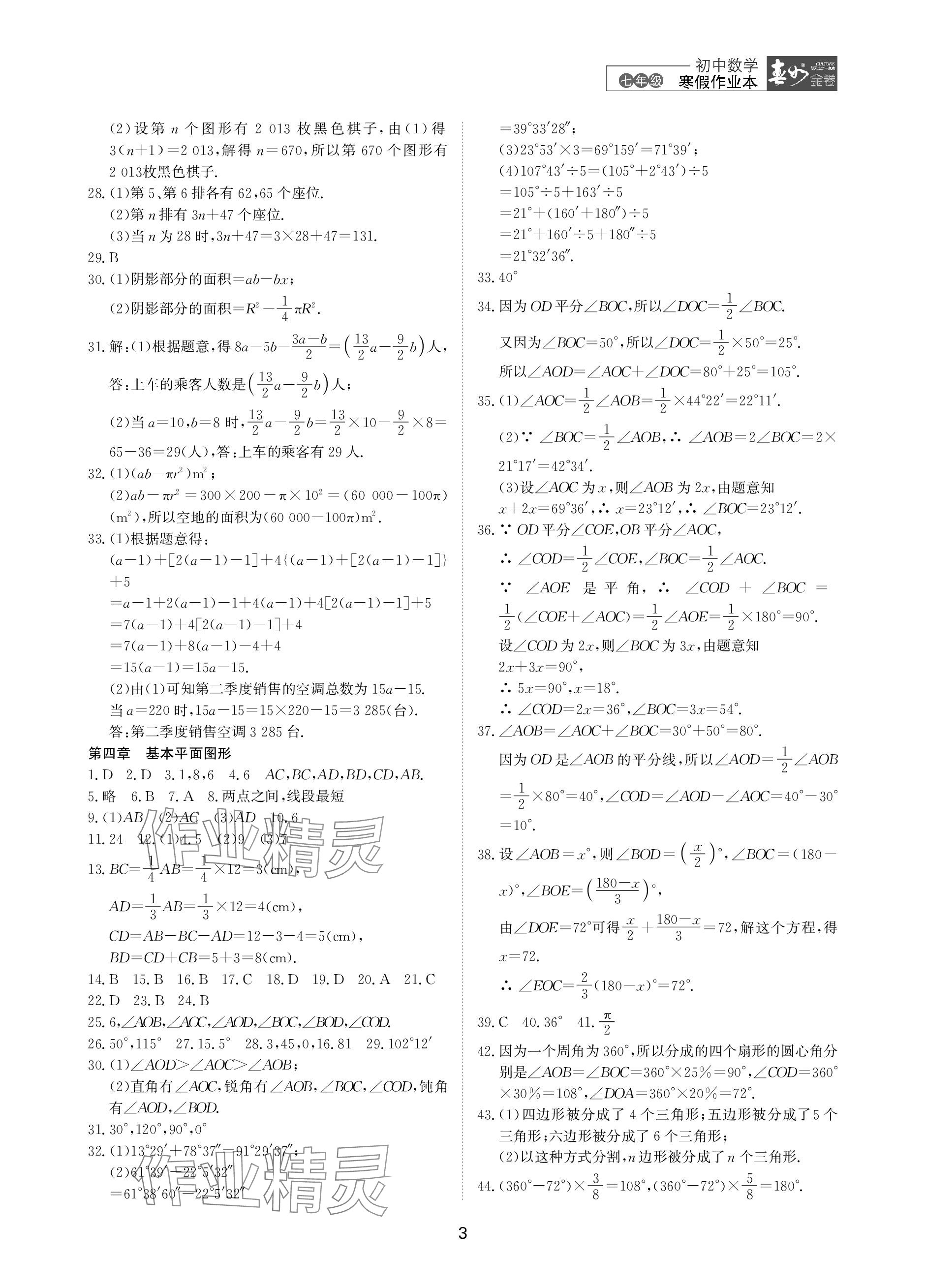 2024年春如金卷数学寒假作业本七年级 参考答案第3页