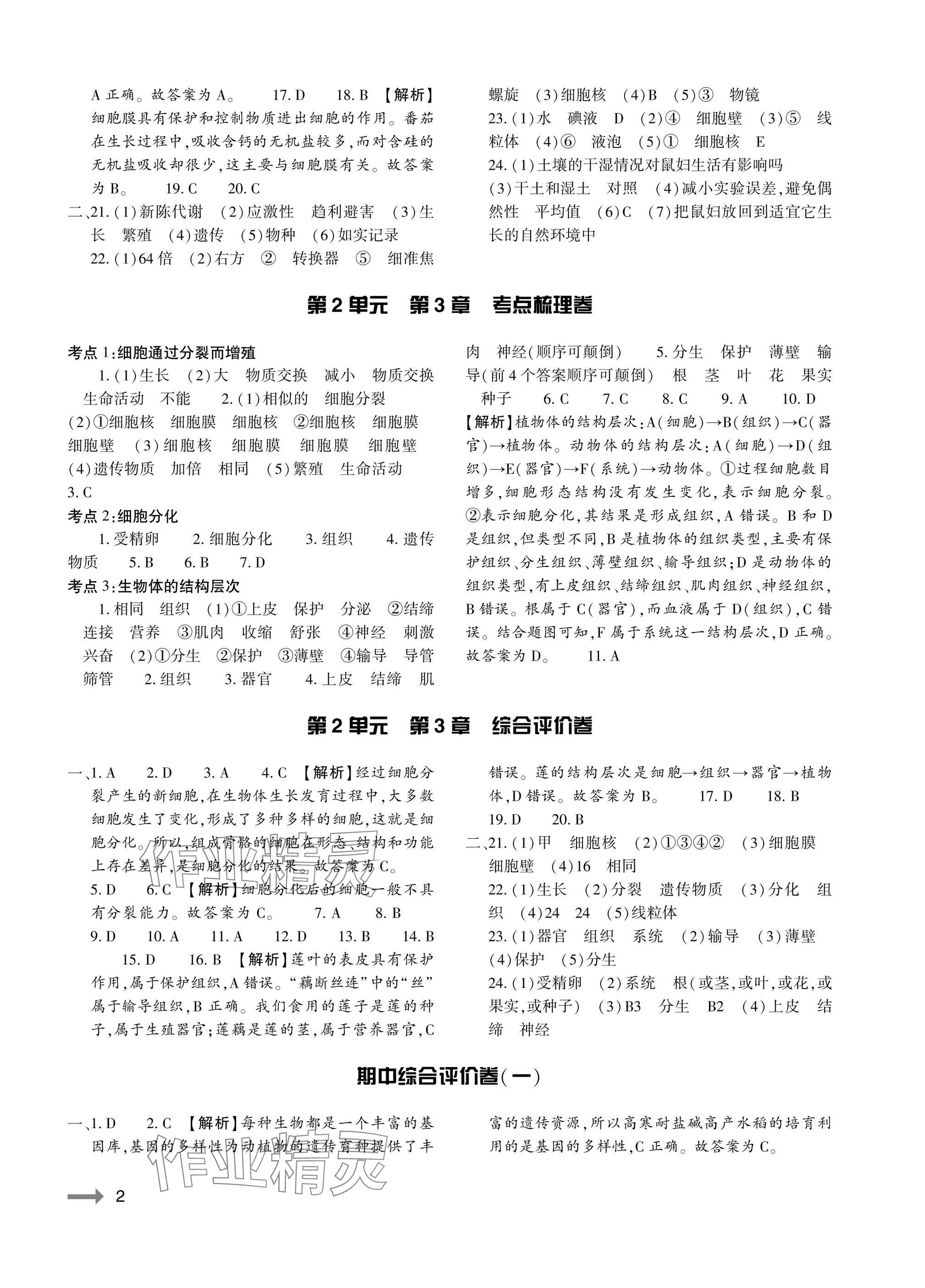 2025年节节高大象出版社七年级生物上册北师大版 参考答案第2页