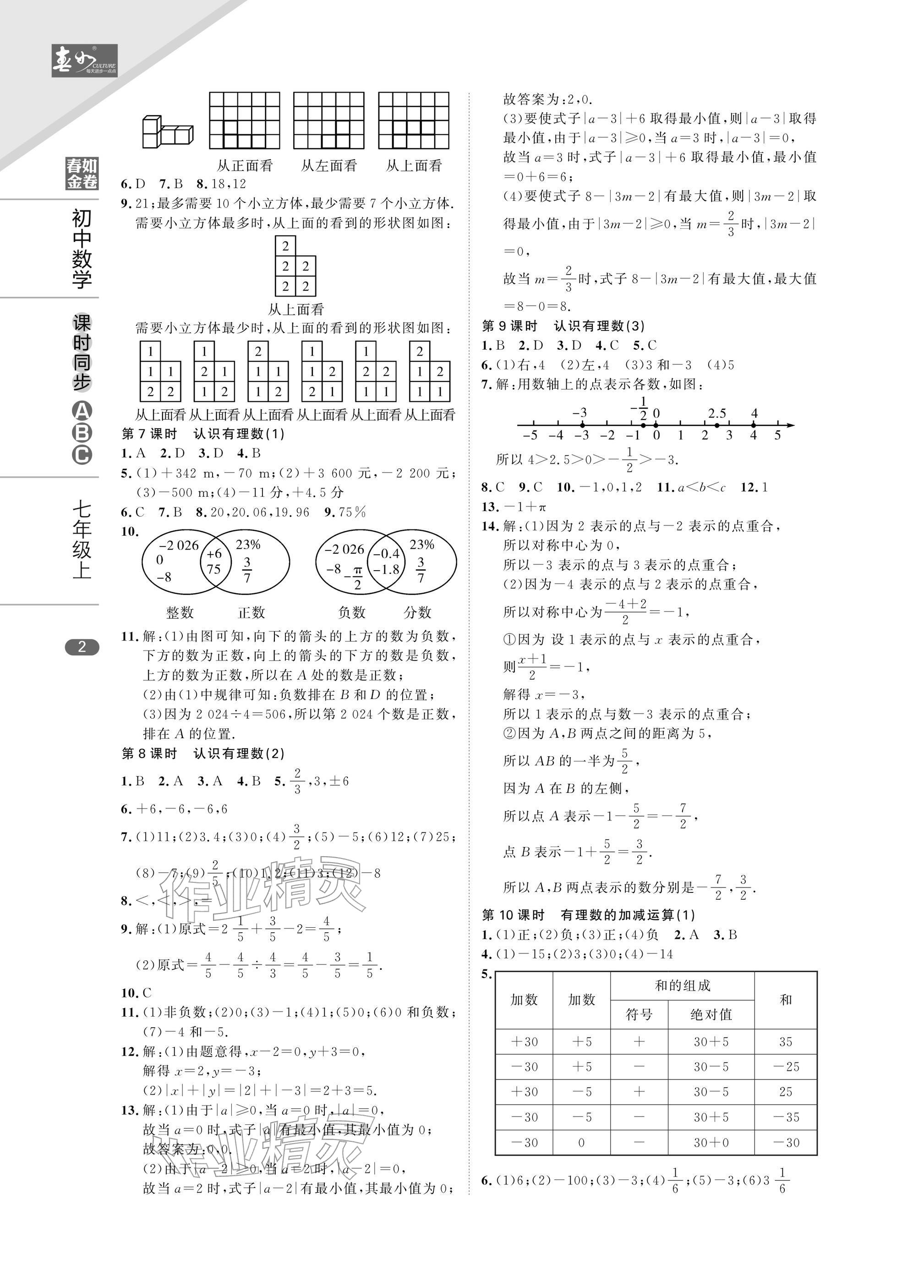 2025年春如金卷课时同步ABC七年级数学上册北师大版&nbsp;参考答案第2页