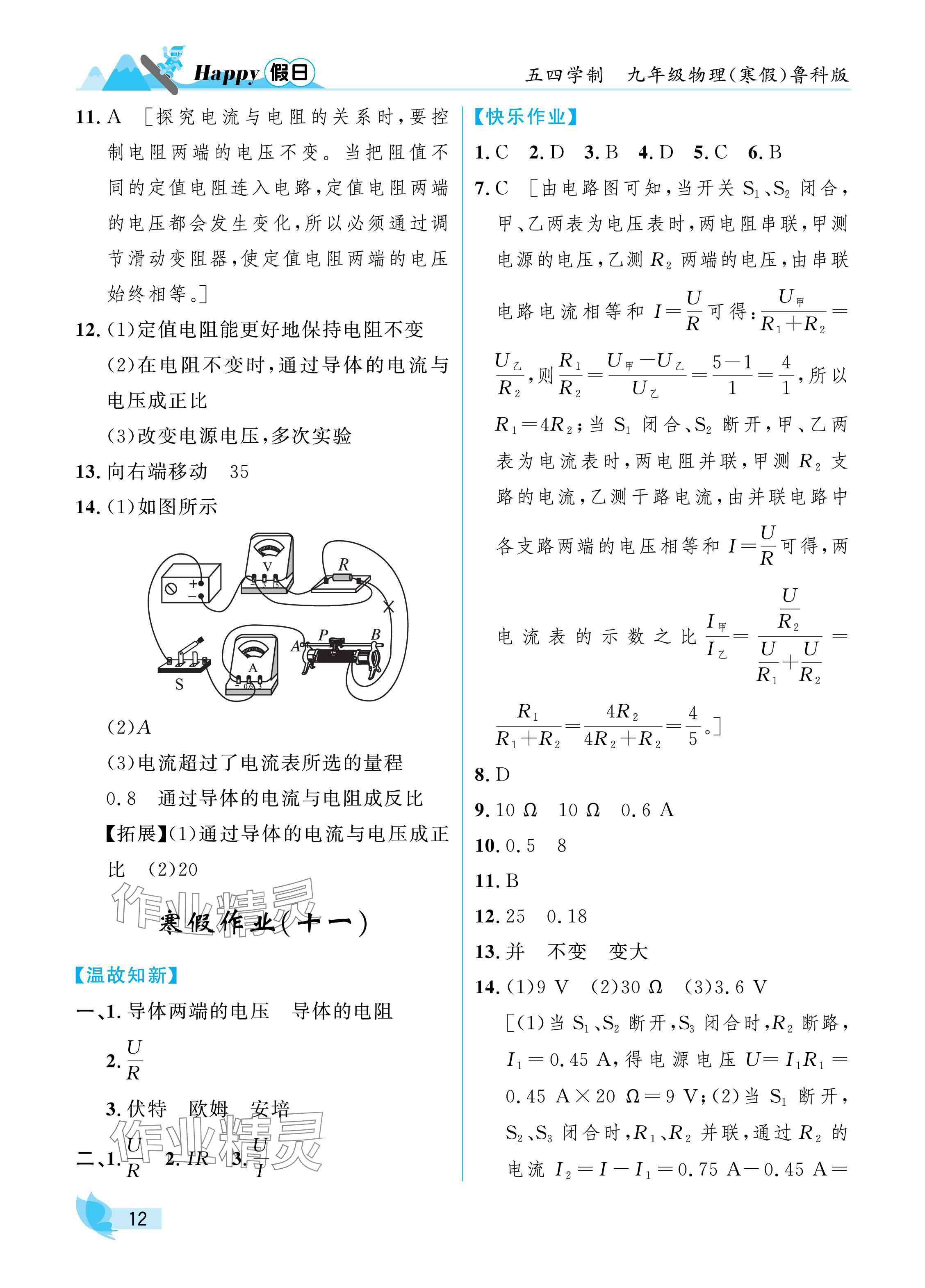 2025年寒假Happy假日九年级物理鲁科版 参考答案第12页