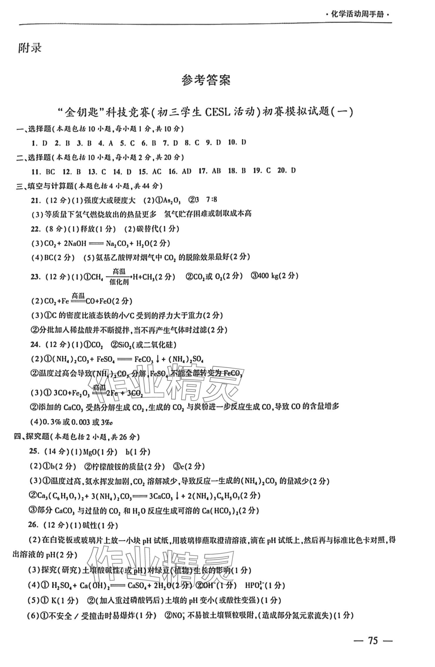 2025年活动周手册九年级化学下册沪教版 参考答案第1页
