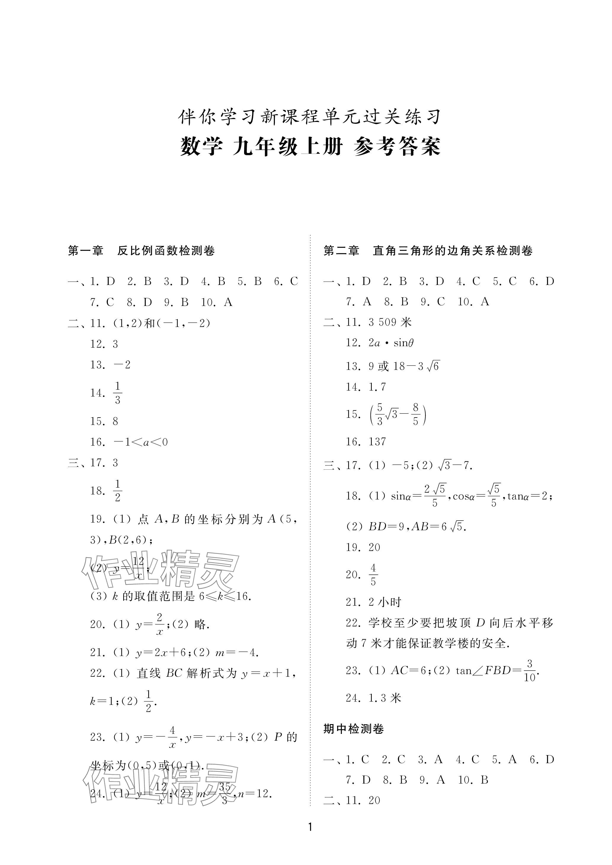 2023年同步練習(xí)冊(cè)配套檢測(cè)卷九年級(jí)數(shù)學(xué)上冊(cè)魯教版煙臺(tái)專版54制 參考答案第1頁