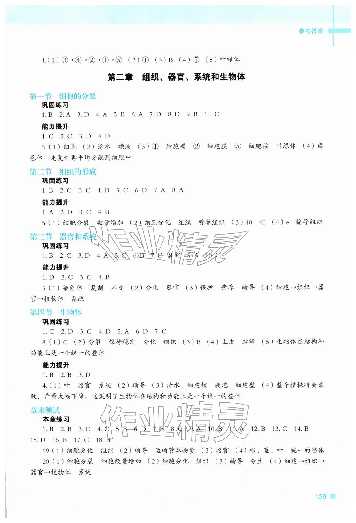 2025年新教材同步练七年级生物上册冀少版重庆专版 参考答案第2页