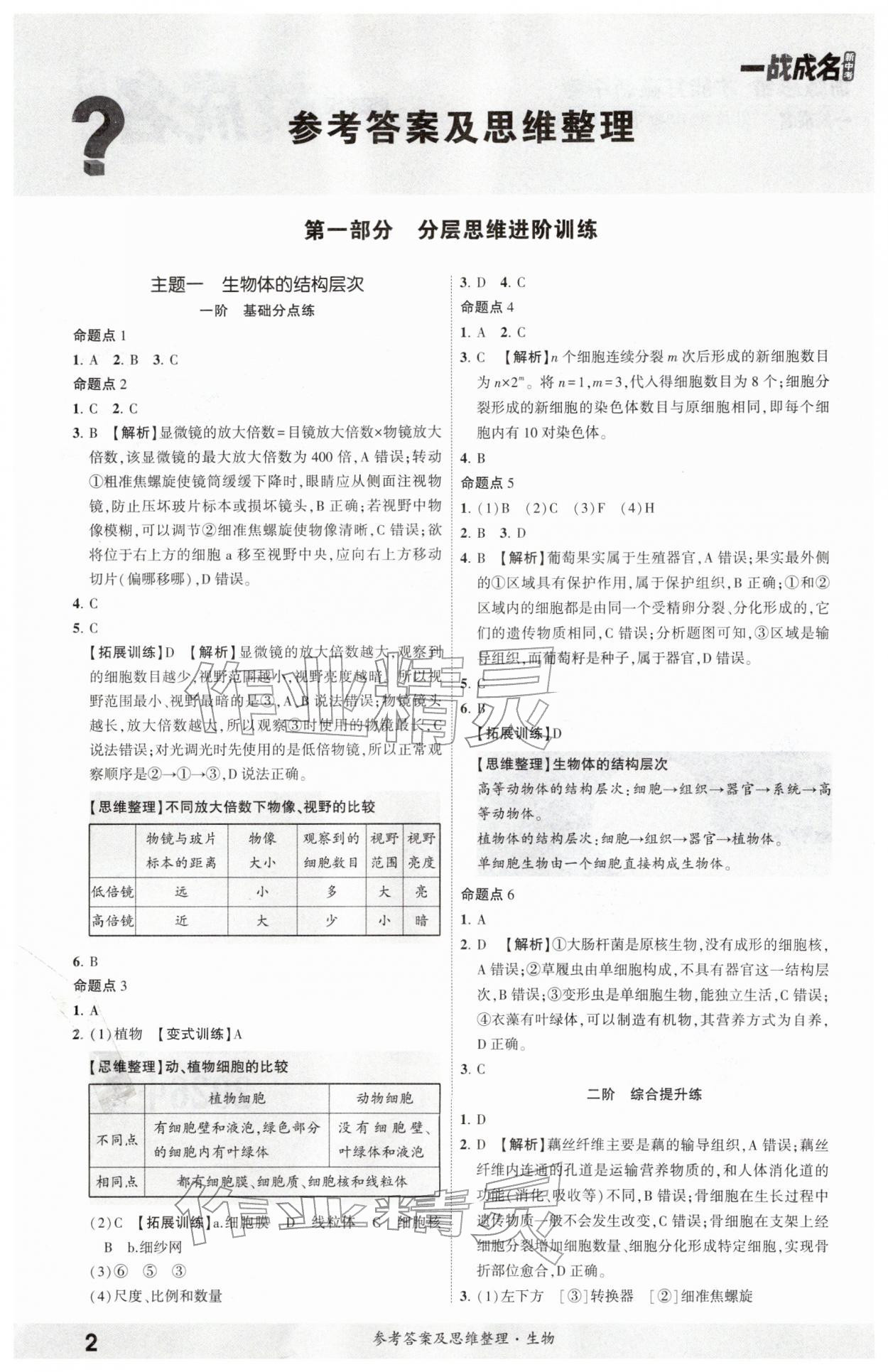 2026年一战成名新中考生物&nbsp;参考答案第1页