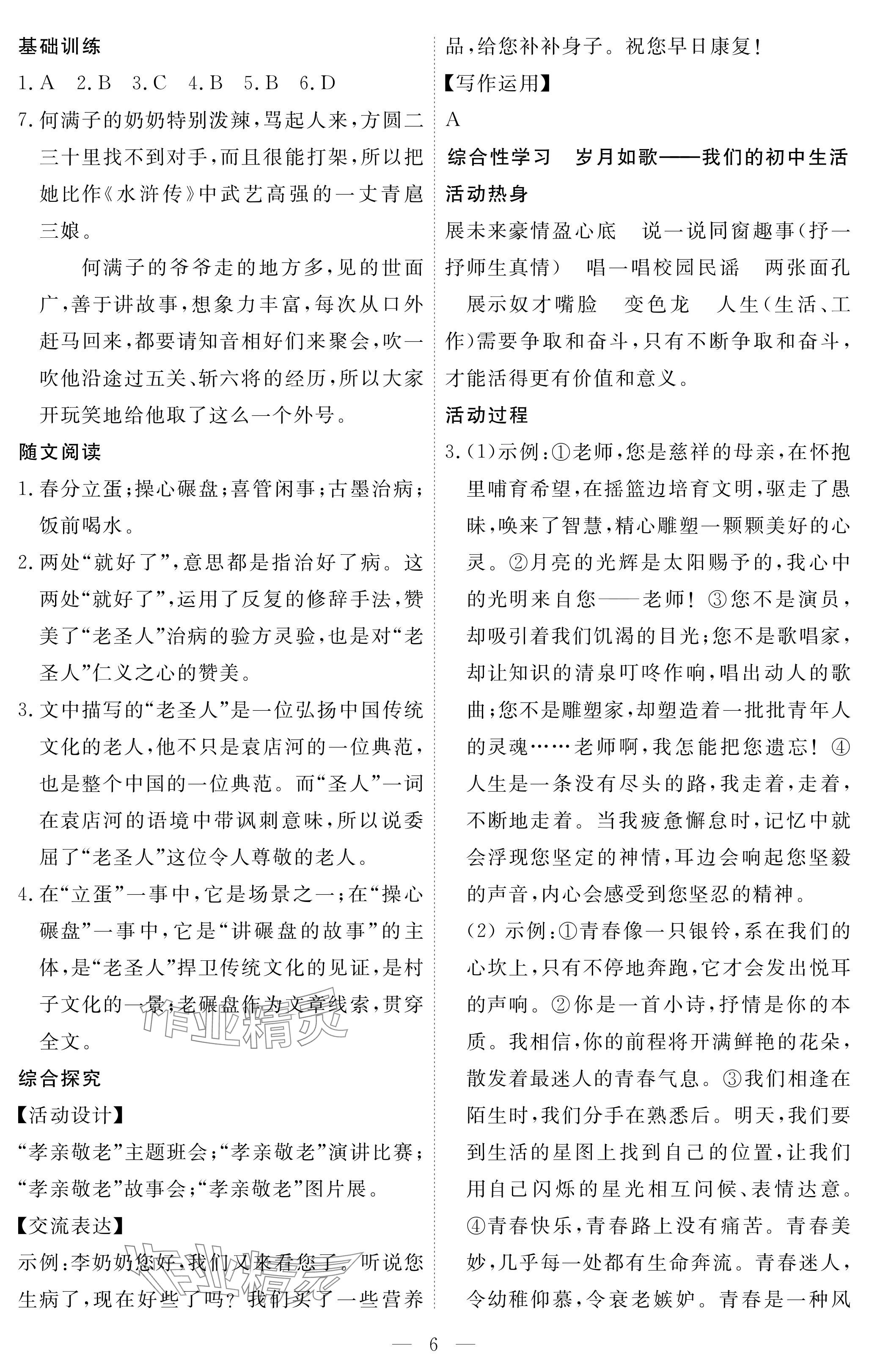 2025年一课一练创新练习九年级语文下册人教版 参考答案第6页