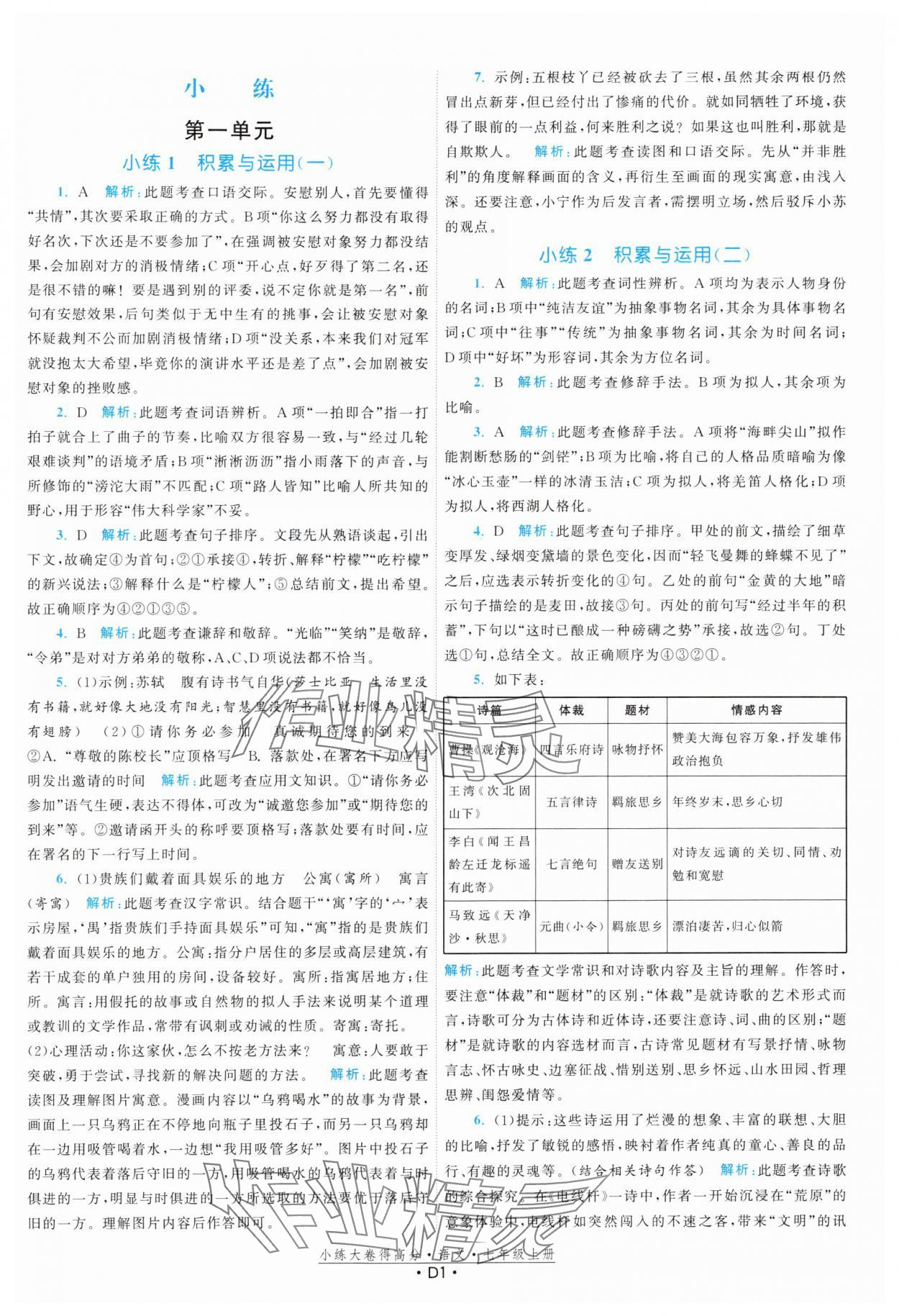 2024年小練大卷得高分七年級(jí)語(yǔ)文上冊(cè)人教版 參考答案第1頁(yè)