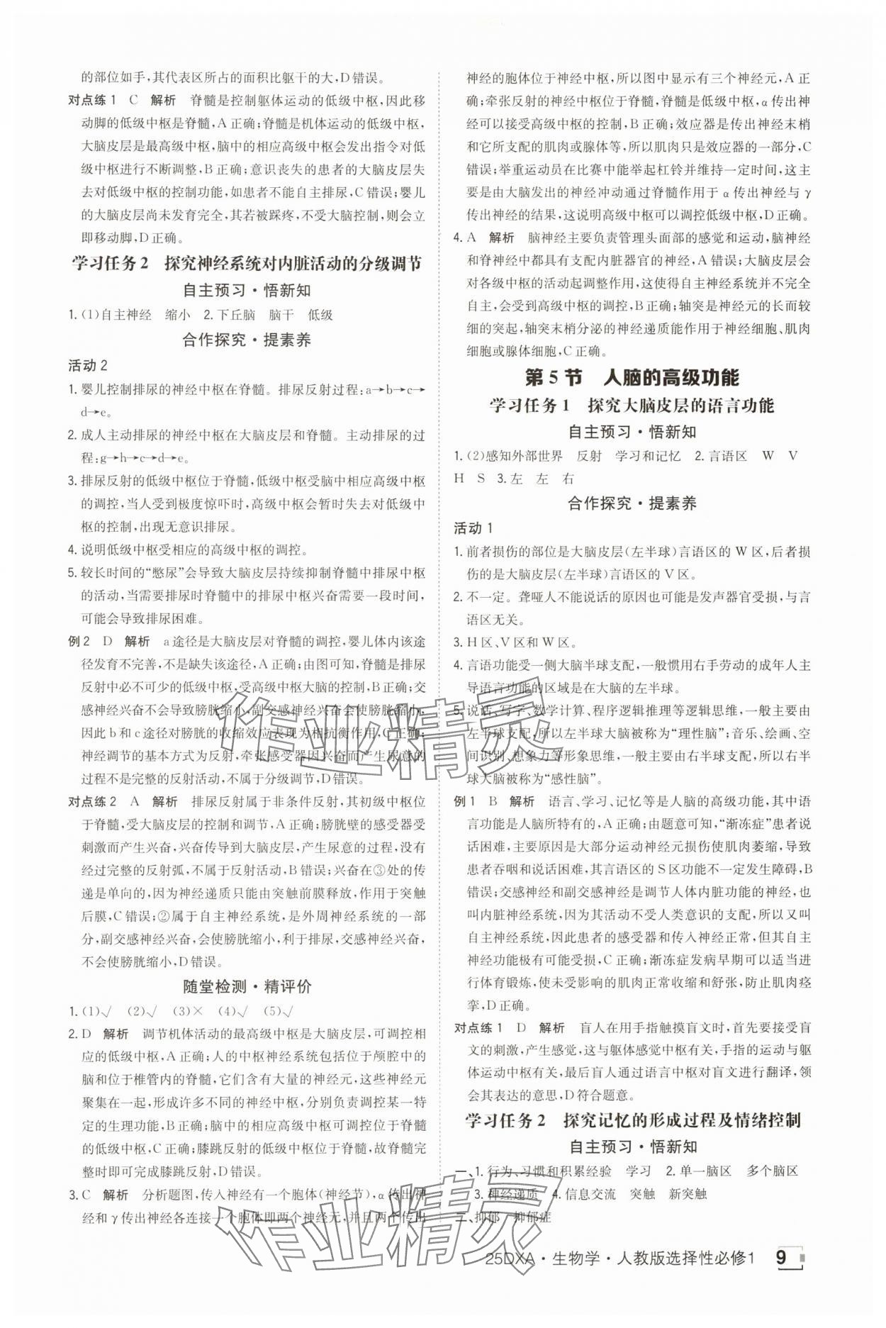 2025年金太陽導學案高中生物選擇性必修1人教版 參考答案第9頁