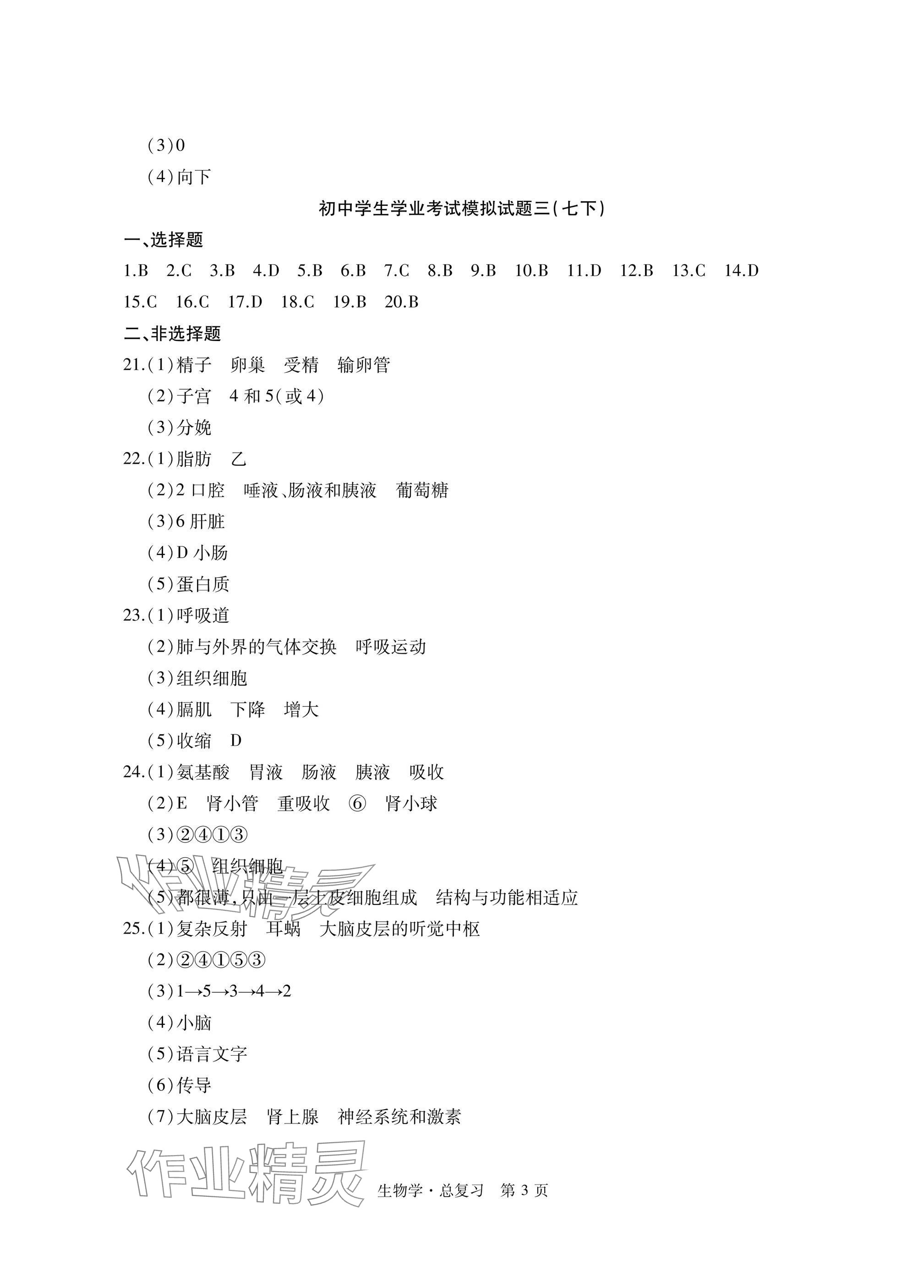 2025年初中同步練習冊自主測試卷總復習生物 參考答案第3頁