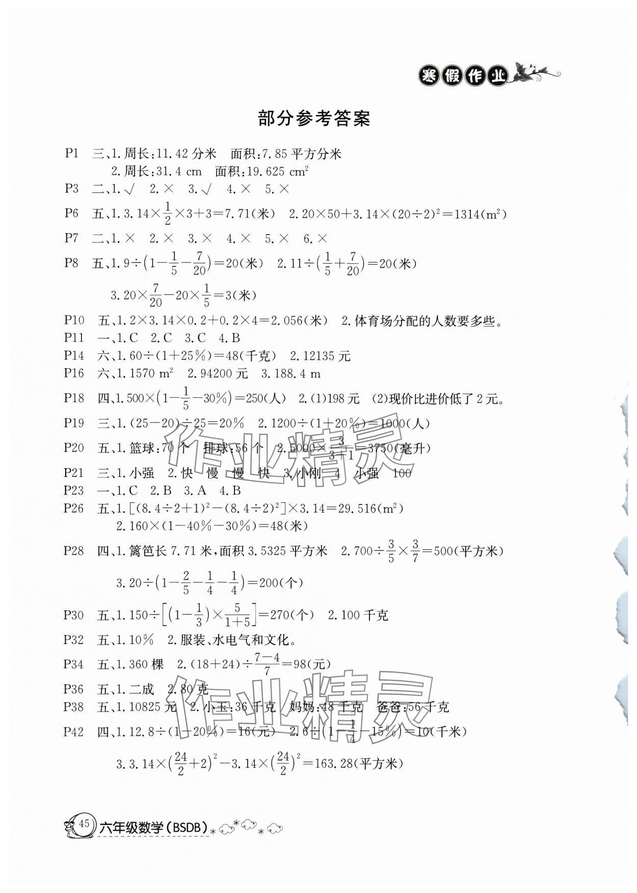 2025年快樂假期寒假作業(yè)六年級數學北師大版延邊教育出版社 參考答案第1頁