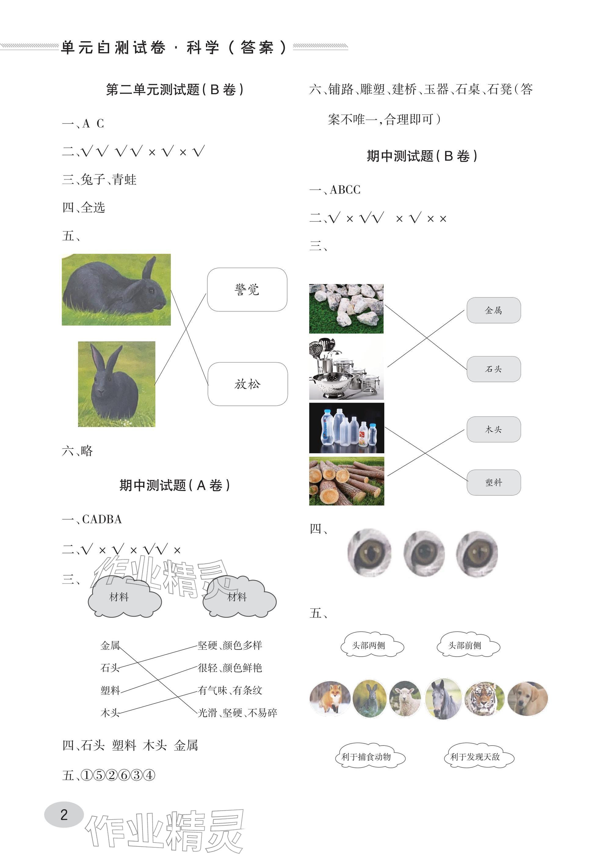 2026年单元自测试卷青岛出版社一年级科学下册青岛版&nbsp;参考答案第2页