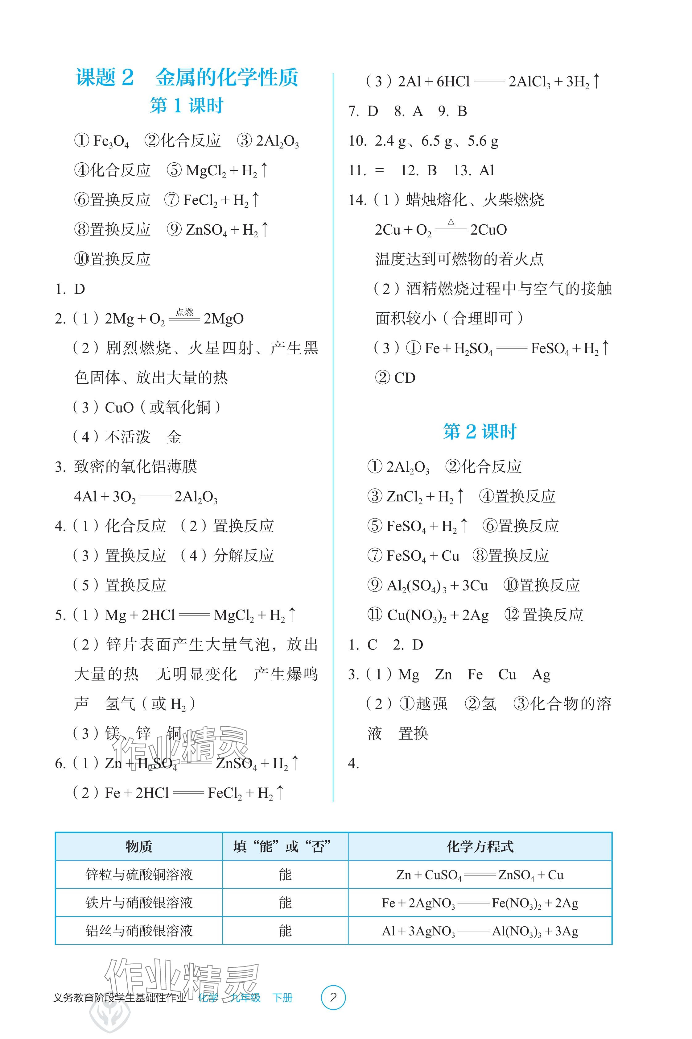 2025年学生基础性作业九年级化学下册人教版 参考答案第2页
