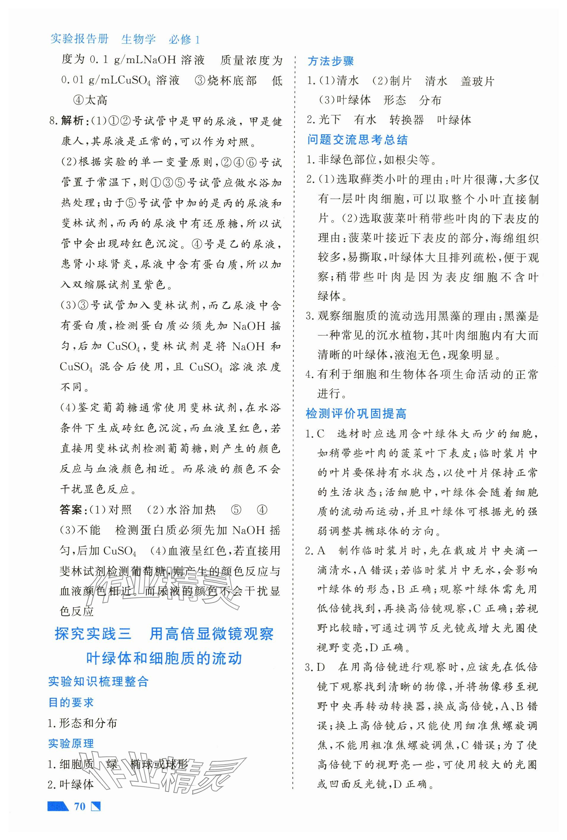 2024年實驗報告高中生物必修1人教版 參考答案第4頁