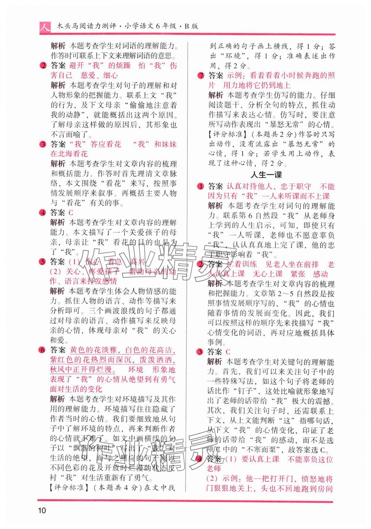 2024年木头马阅读力测评六年级语文下册人教版 参考答案第10页