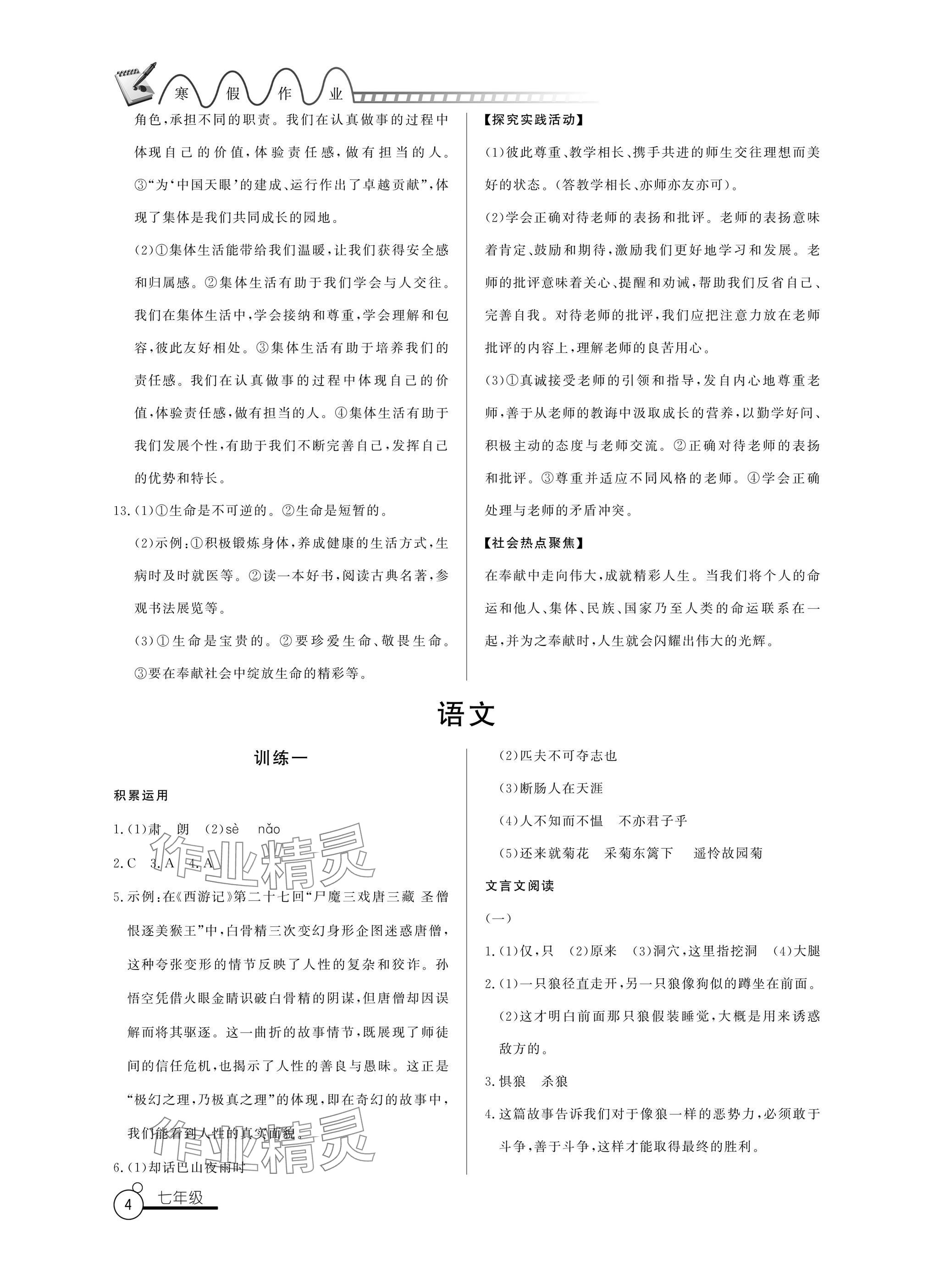 2025年寒假作業(yè)七年級山東文藝出版社 參考答案第4頁