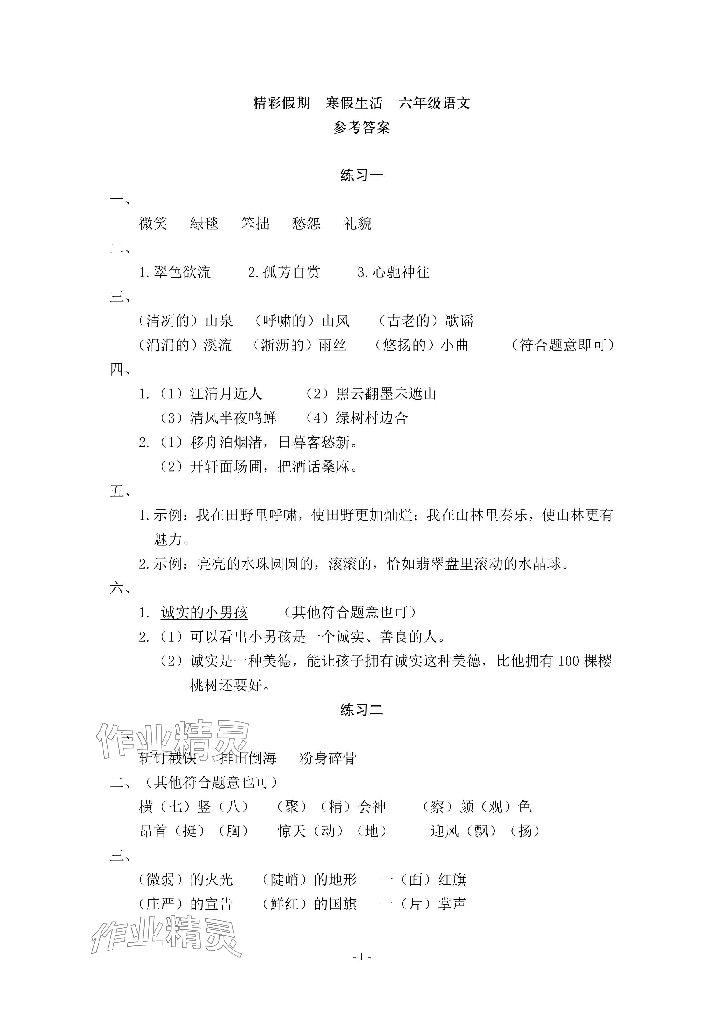 2025年鵬教圖書精彩假期寒假篇六年級 參考答案第1頁