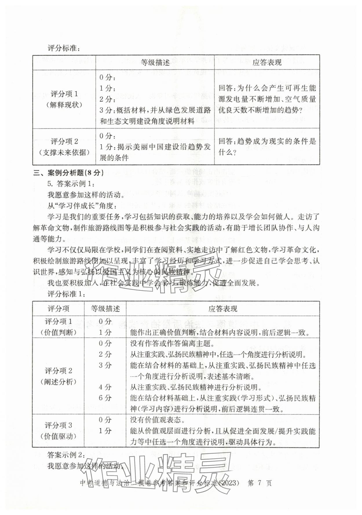 2021~2023年走向成功道德與法治二模&nbsp;參考答案第7頁